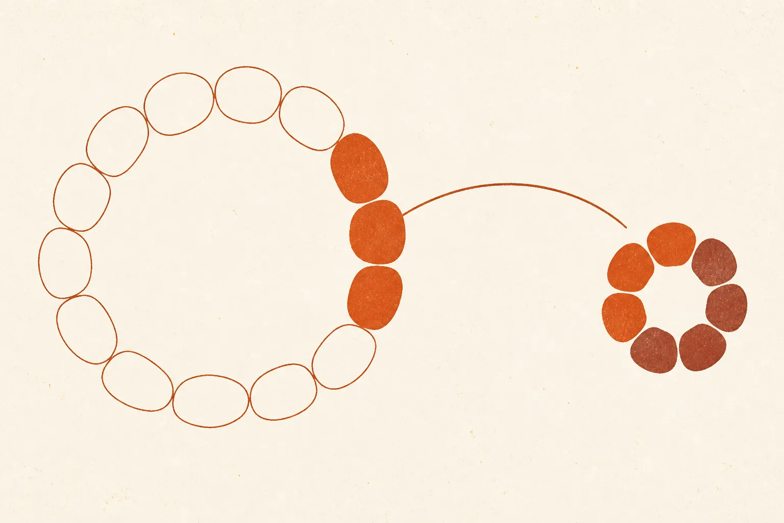 Illustration of a large open loop built from fourteen linked rounded shapes, four of them filled in solid colour, beside a much smaller and tighter ring of eight shapes drawn in the same solid colour