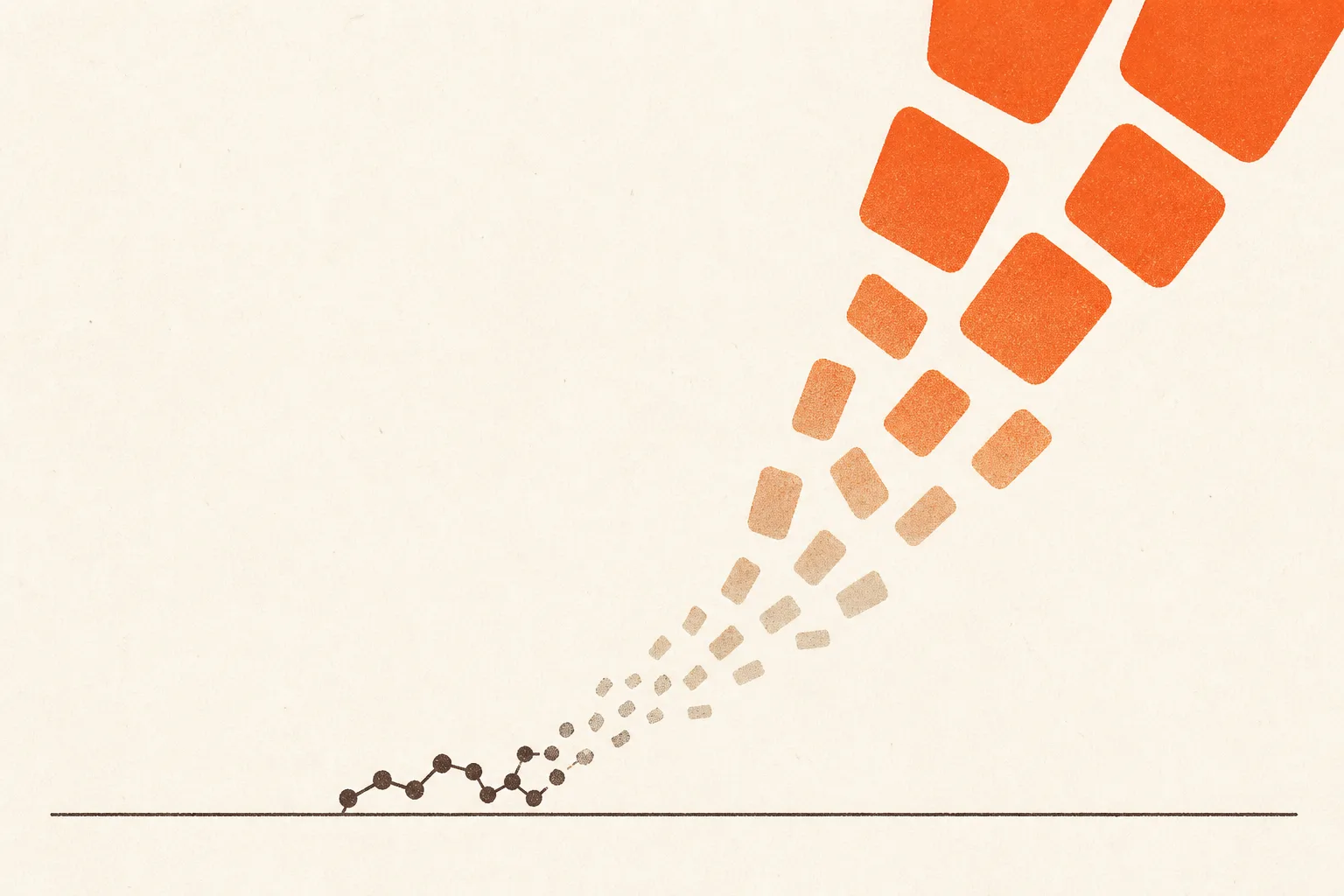 Editorial illustration of a small, finely drawn chain of linked beads at the bottom of the frame, its upper end breaking into a rising stream of bold rounded tiles that grow larger and brighter as they climb