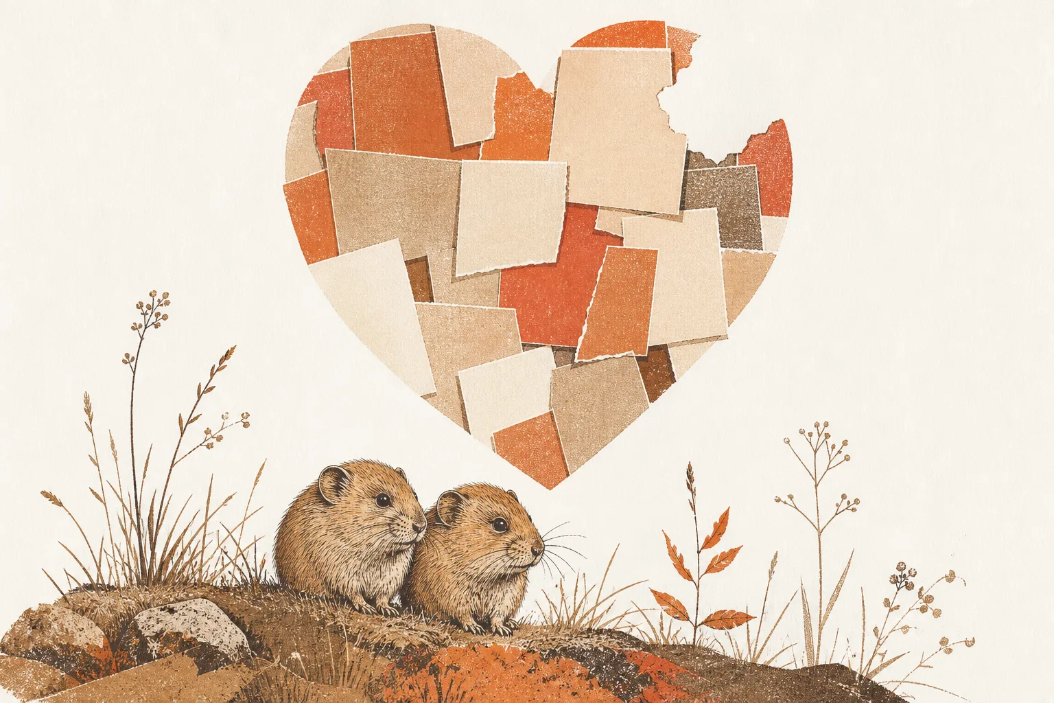 Editorial illustration of two small voles side by side on a grassy bank beneath a huge faded heart made of scattered press clippings, one clipping torn