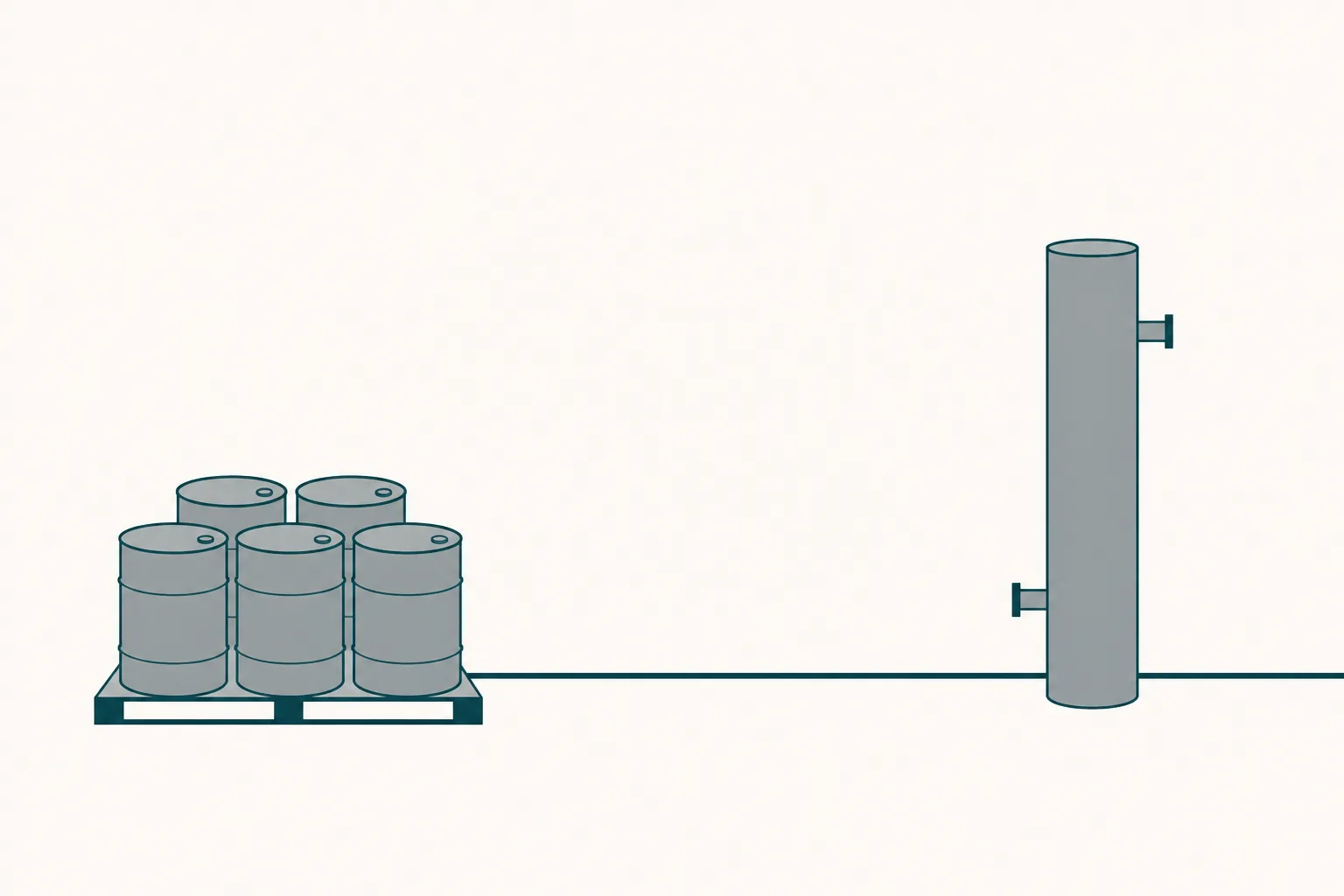 Abstract illustration of stacked cylindrical drums on a pallet beside a tall reaction column, linked by a long horizontal line that runs off the edge of the frame