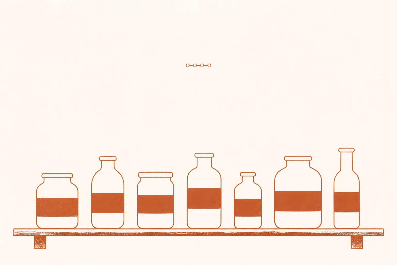 Editorial illustration of a shelf of identical unlabelled jars drawn in burnt orange, with one tiny chain of linked beads floating above them