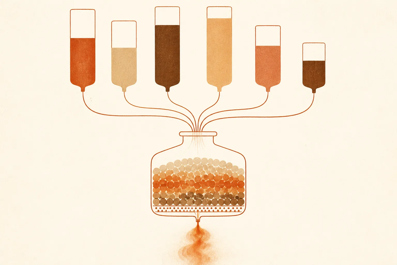 Editorial illustration of a squat glass reaction vessel full of small round beads, fed by several thin tubes from a row of upright reservoirs, with a slow sequence of coloured bands passing through the vessel