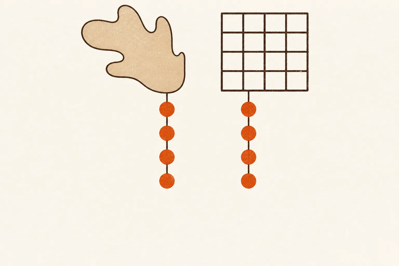 Editorial illustration of two identical chains of linked beads side by side, one emerging from a loose organic leaf-like form and the other from a rigid geometric grid