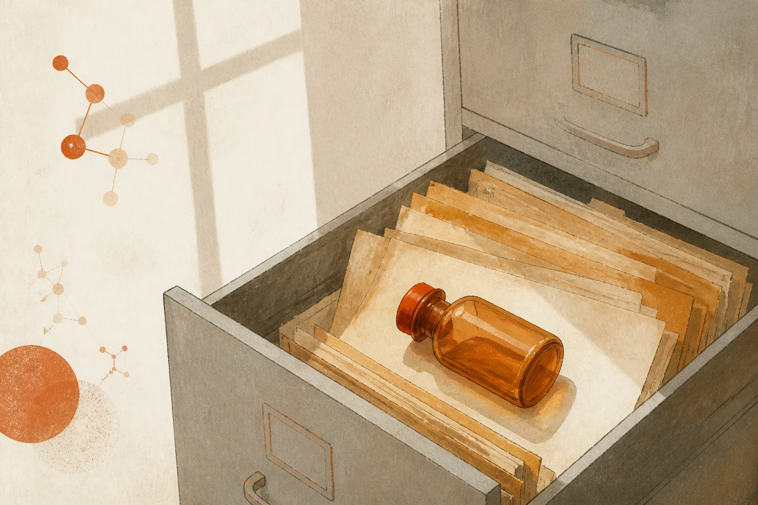 Editorial illustration of a single vial lying in an open steel filing-cabinet drawer among yellowed folders, with a shaft of light from a window