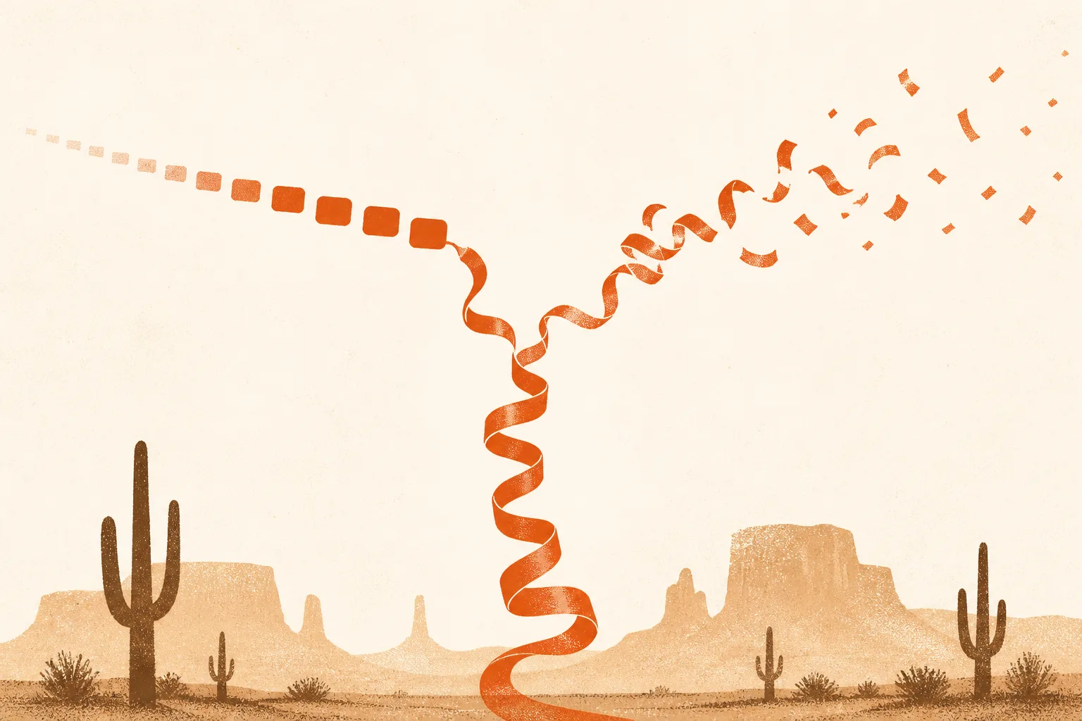 Editorial illustration of a single peptide chain rising from a desert horizon and forking into two paths, one orderly and one scattering apart