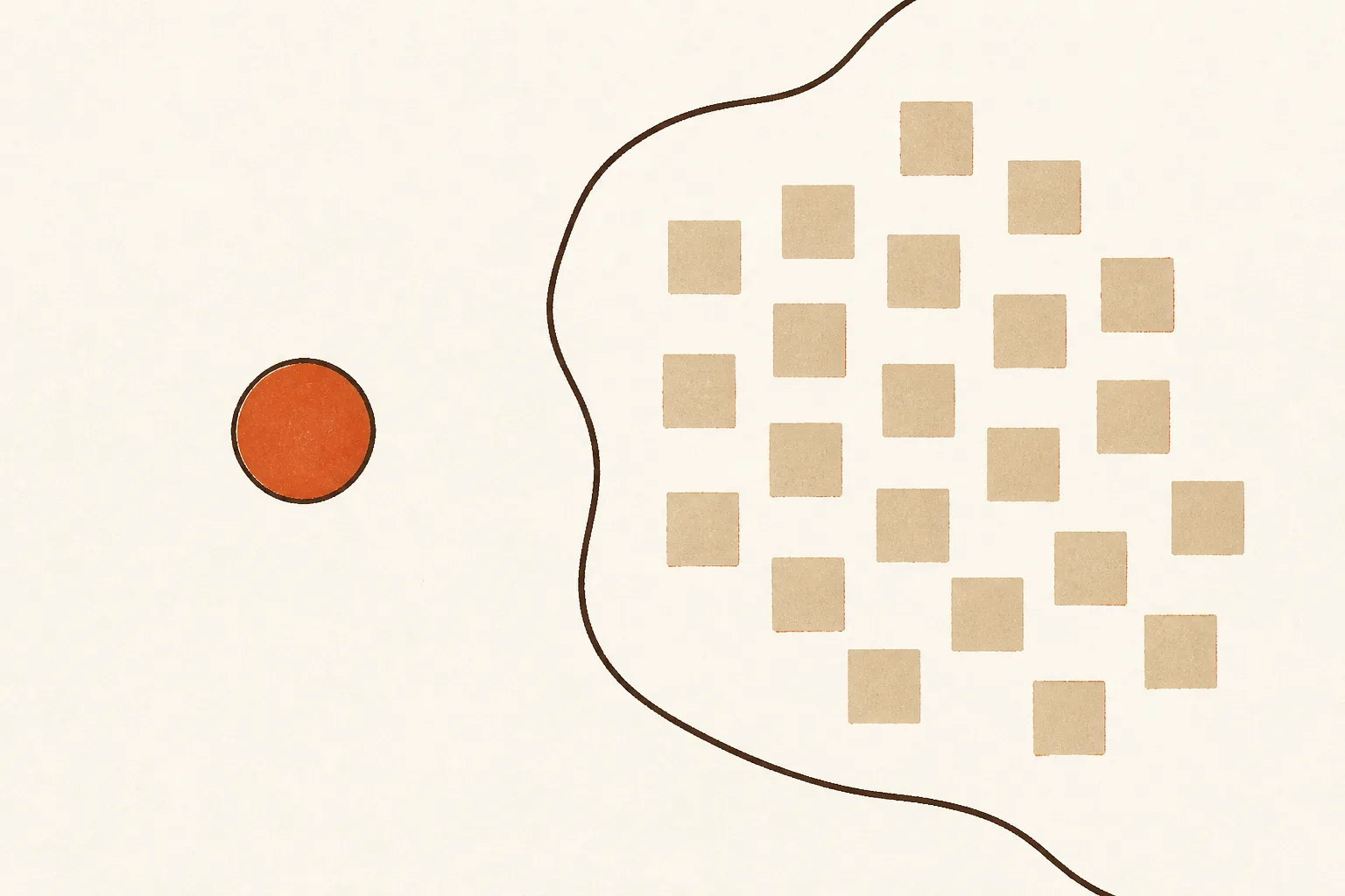 Editorial illustration of a single small circle standing alone inside a large open field, while a long ruled boundary line runs past it at a distance, drawn around a cluster of squares instead