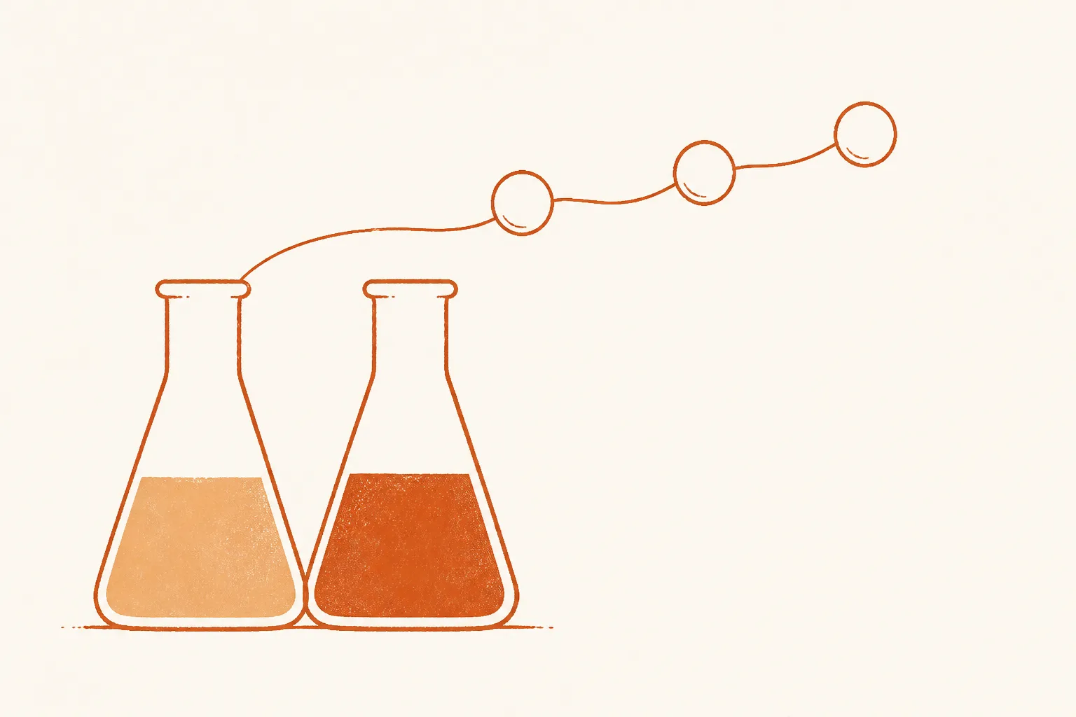 Editorial illustration of two culture flasks holding serum of different depths of colour, with a chain of three linked beads rising from the paler one