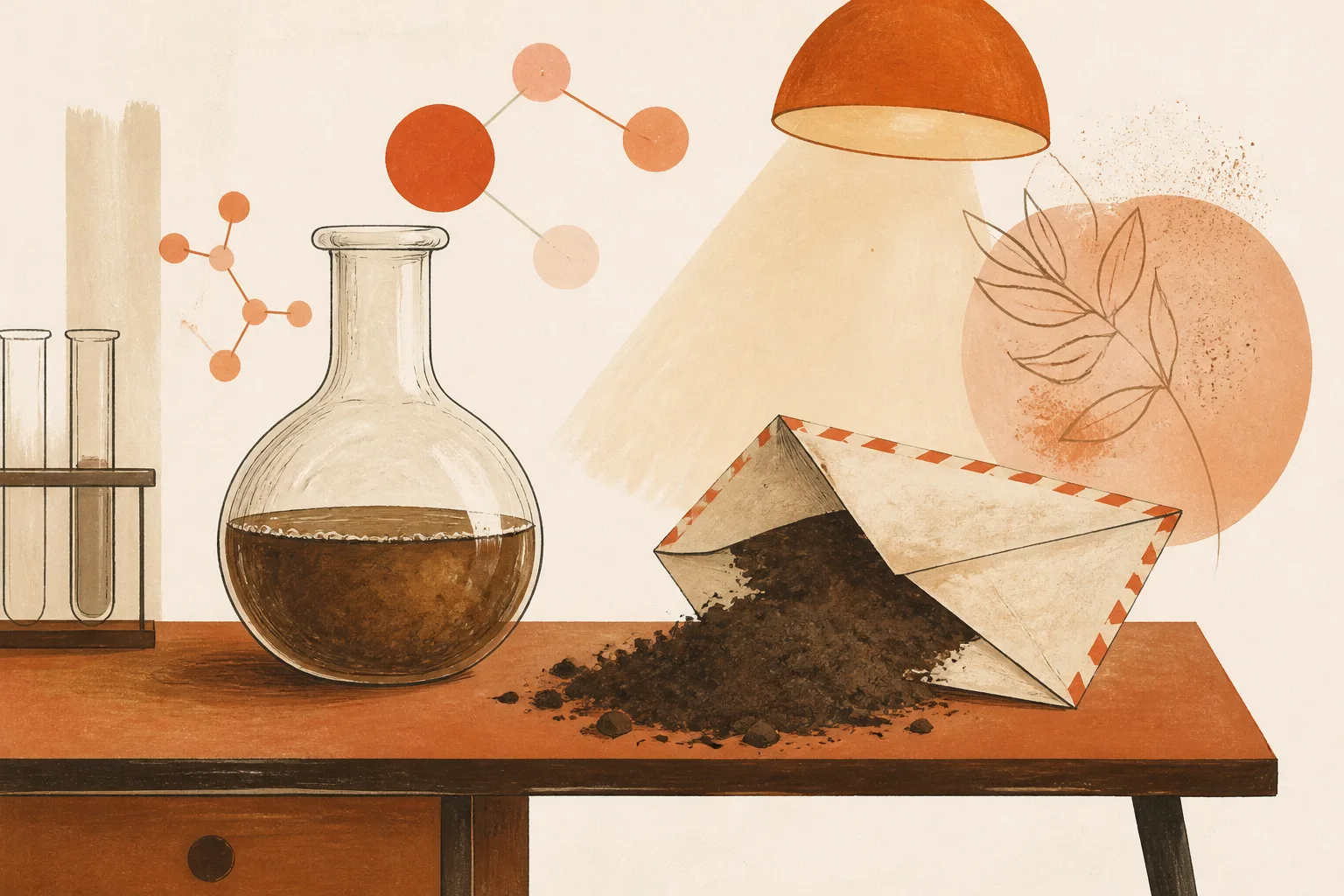 Editorial illustration of a glass flask of murky brown liquid on a mid-century laboratory bench beside an opened airmail envelope spilling dark soil
