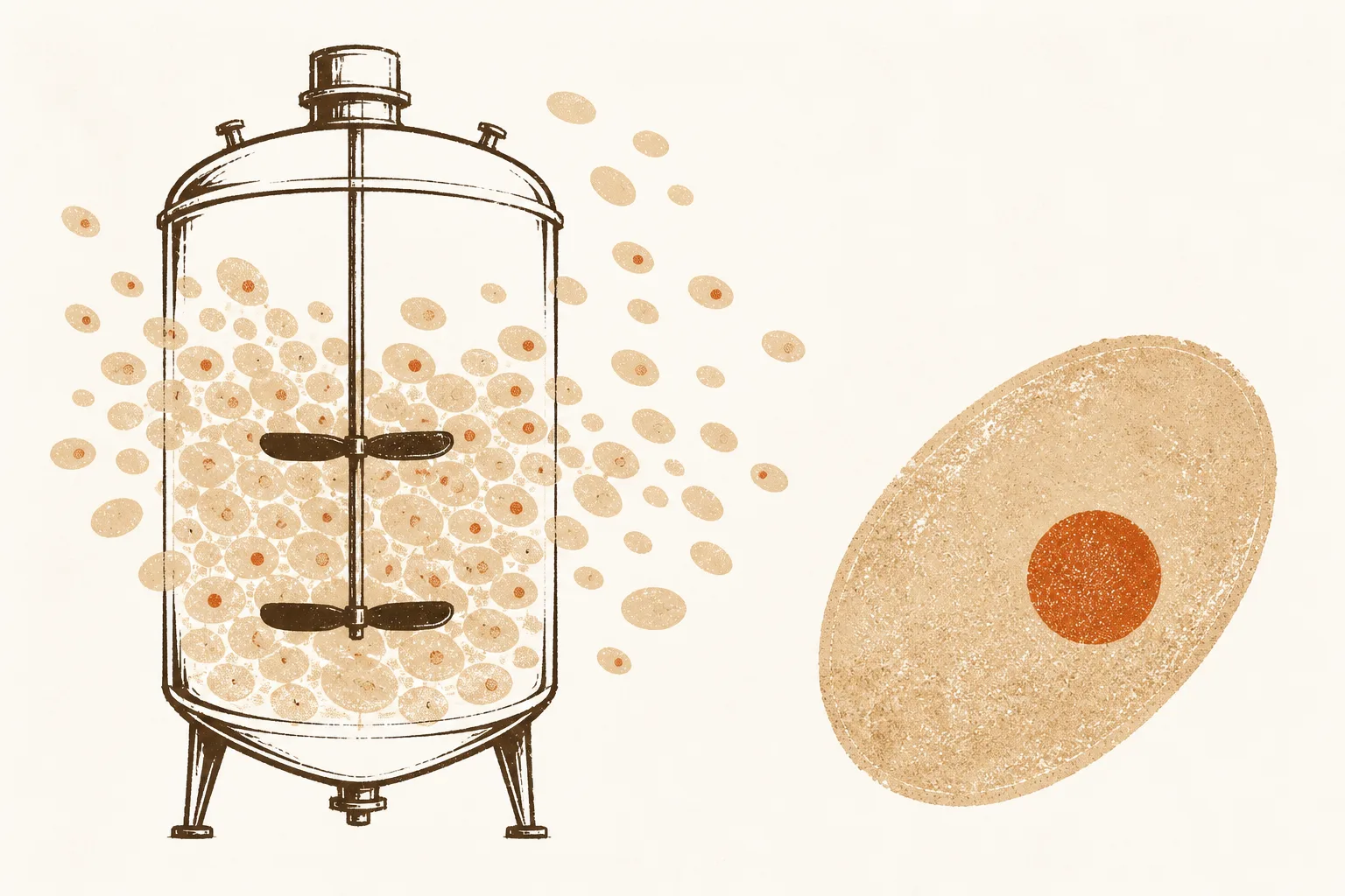 Editorial illustration of a tall rounded steel tank with a slowly turning paddle inside, surrounded by a cloud of tiny oval cells, a few of which carry small dense granules