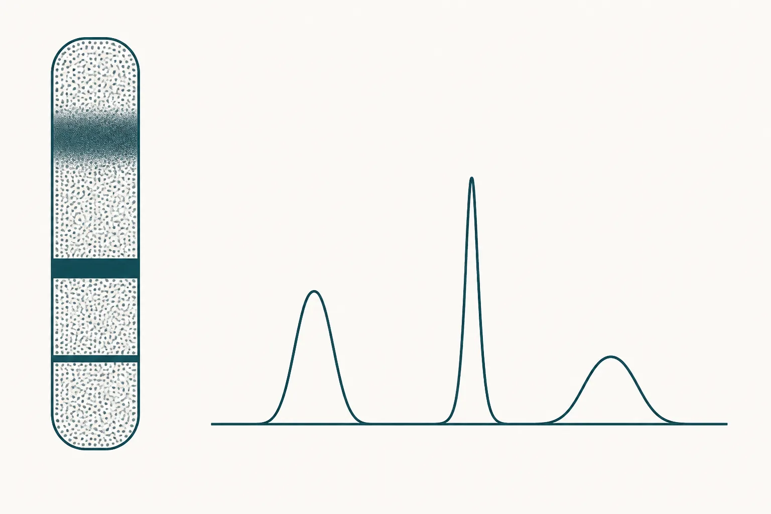 Abstract illustration of a tall narrow vertical column filled with fine stippling, crossed by three horizontal bands at uneven intervals, beside a flat baseline showing three peaks of differing width, in deep teal and slate on off-white