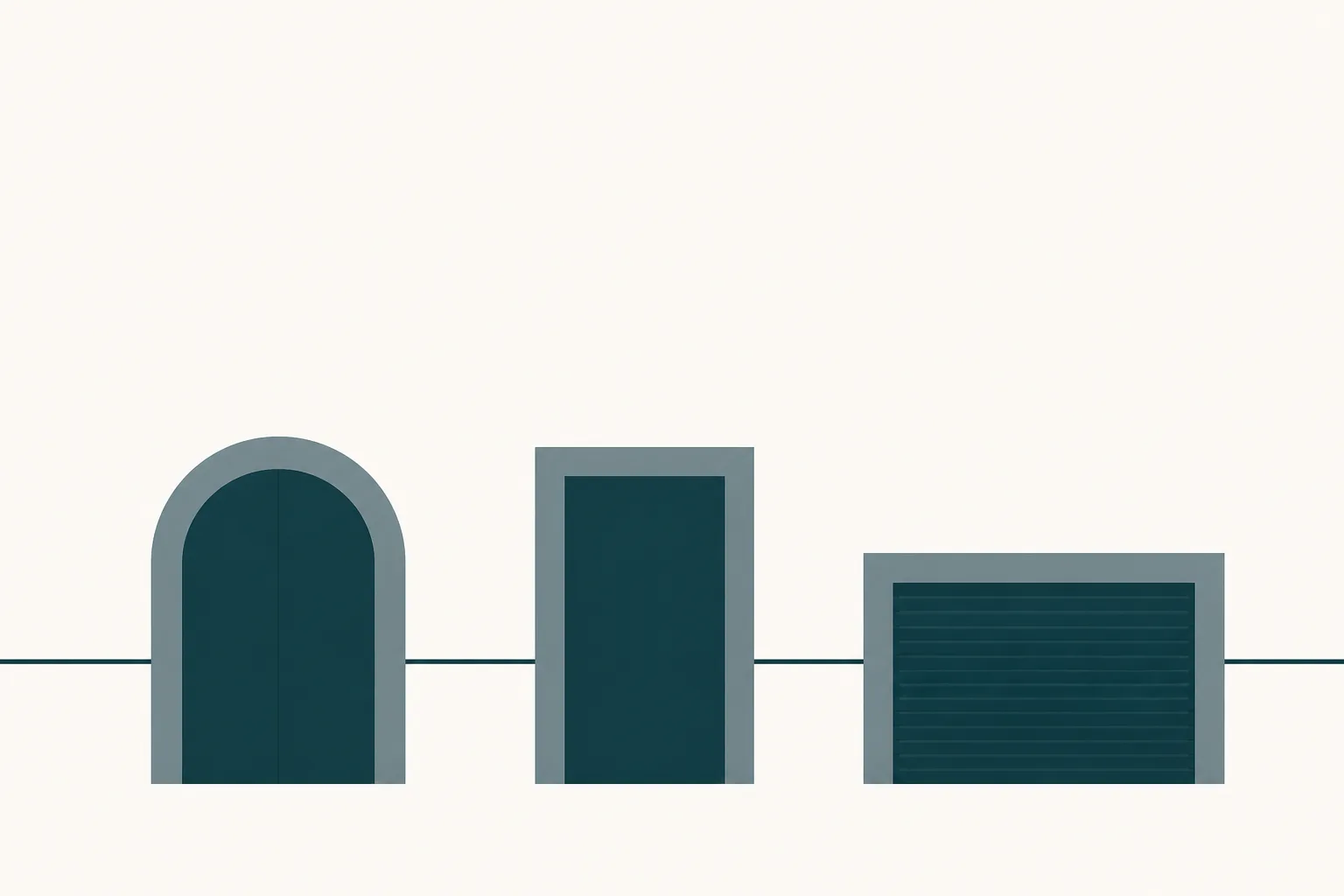 Editorial illustration of three differently built gates spaced across a pale ground, each one closed, joined by a single thin horizontal line
