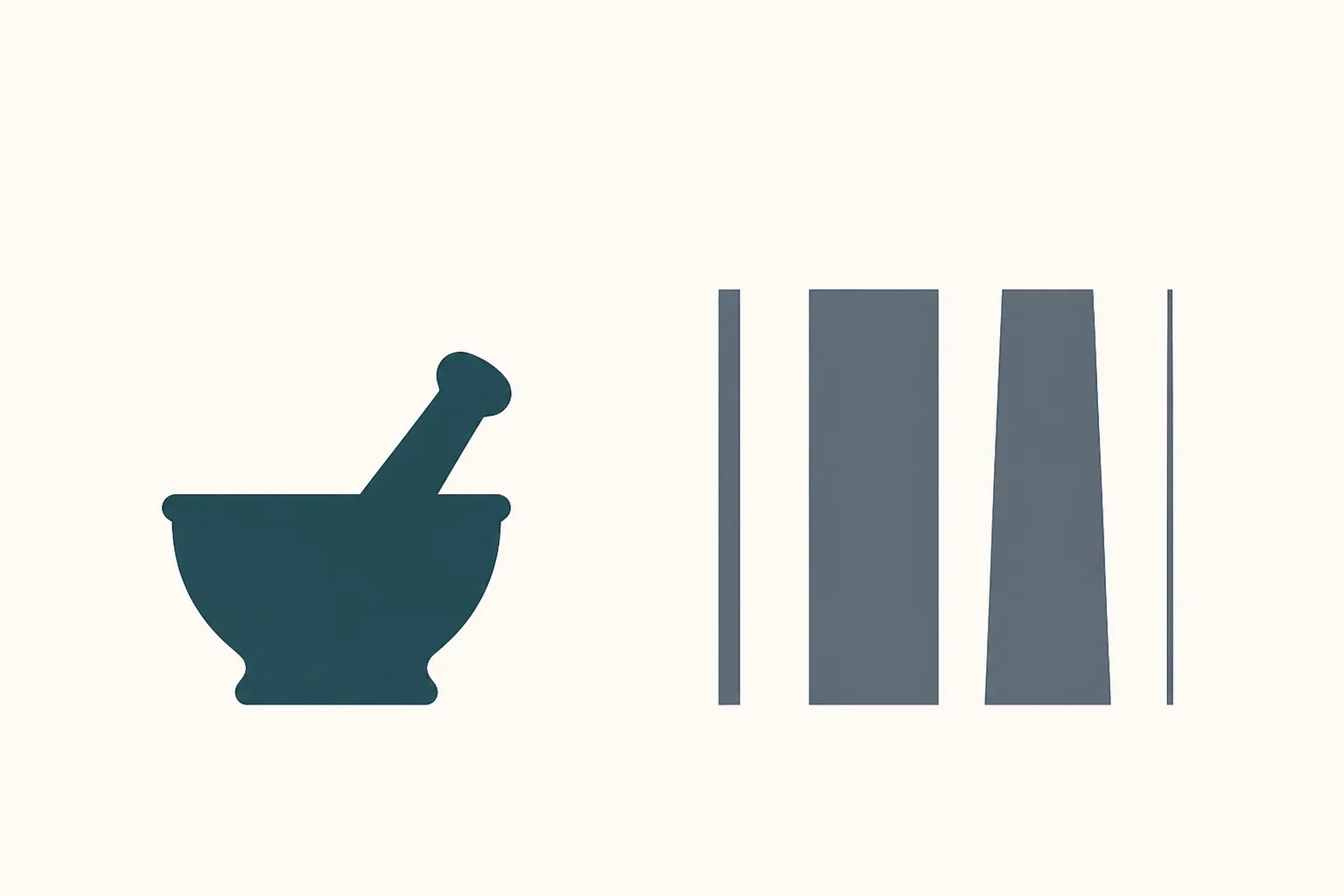 Editorial illustration of a mortar and pestle rendered as a flat silhouette, with a narrow rectangular window of light opening and closing across the frame beside it