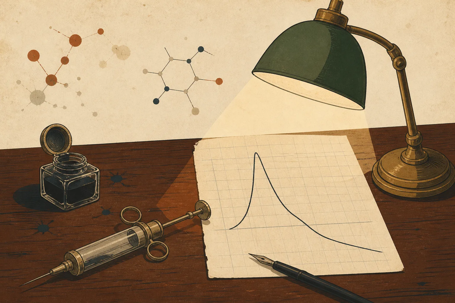 Editorial illustration of a 1920s glass syringe lying beside a hand-drawn blood-sugar chart whose line rises sharply before falling, on a wooden desk with an inkwell