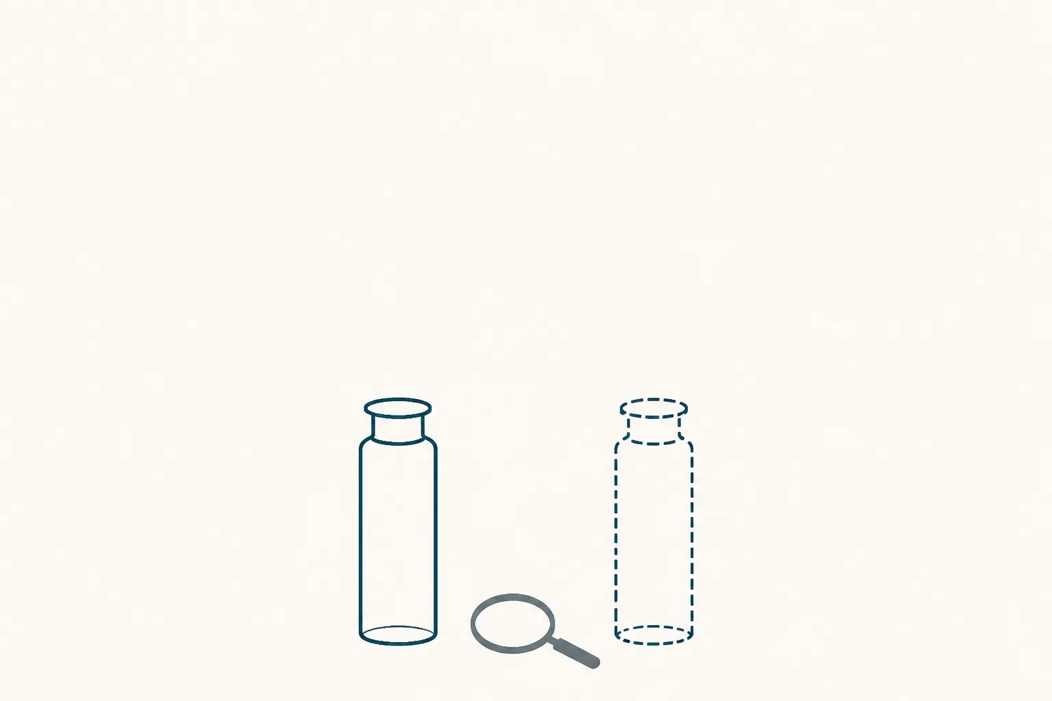 Abstract illustration of two identical sealed containers side by side, one drawn in solid outline and one in a faint broken outline, with a small magnifying lens resting between them