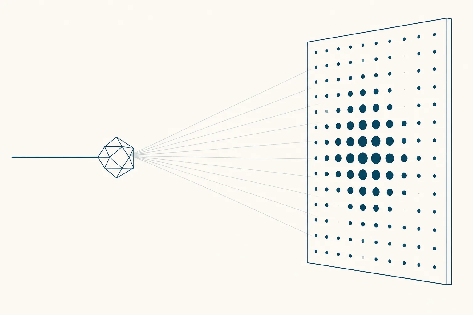 Abstract illustration of a narrow beam striking a small faceted crystal and fanning out into a symmetrical lattice of dots of varying size on a plate, rendered in deep teal and slate on an off-white ground