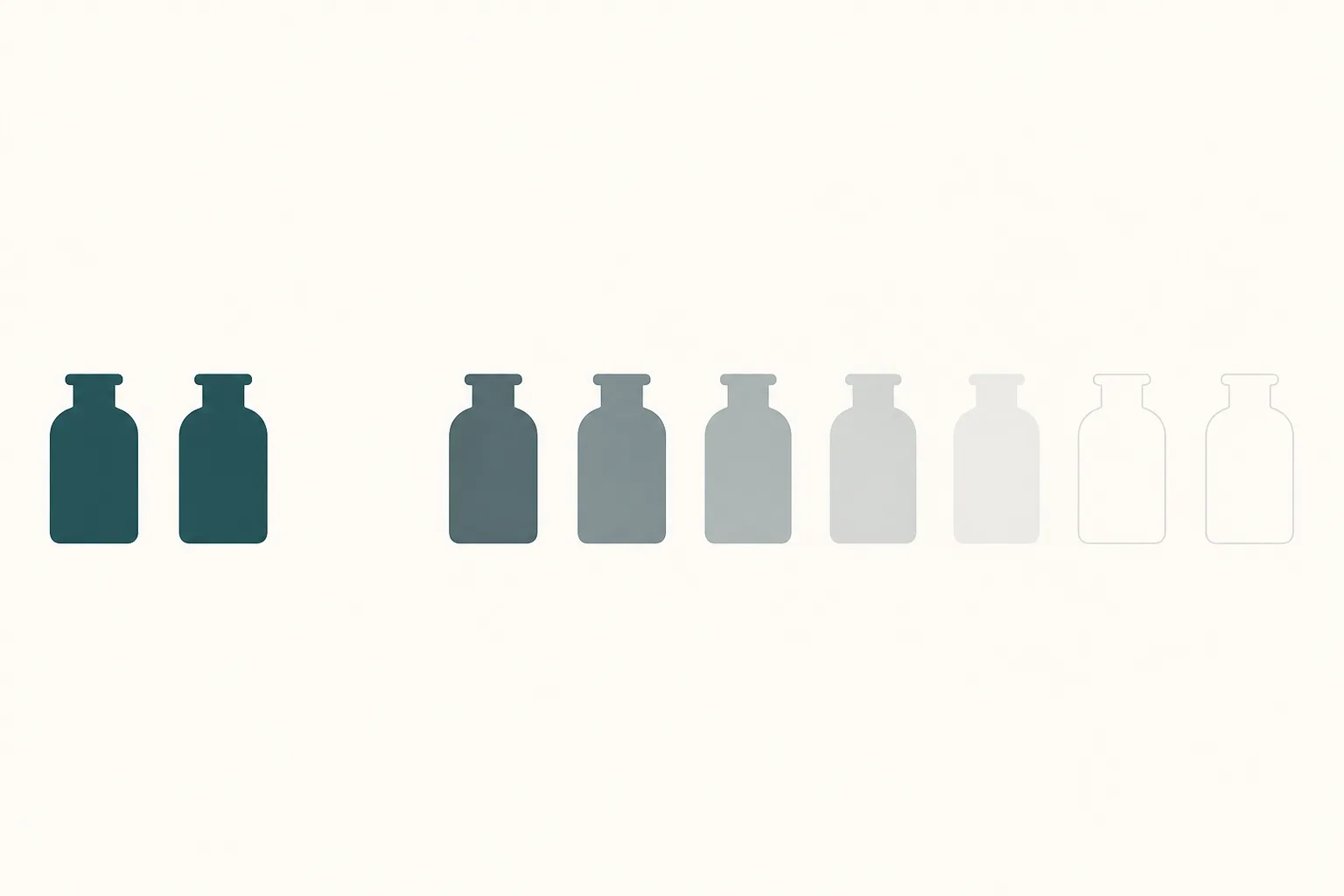 Editorial illustration of a row of small apothecary bottles on a pale ground, with the row broken by a single empty gap where one bottle should stand