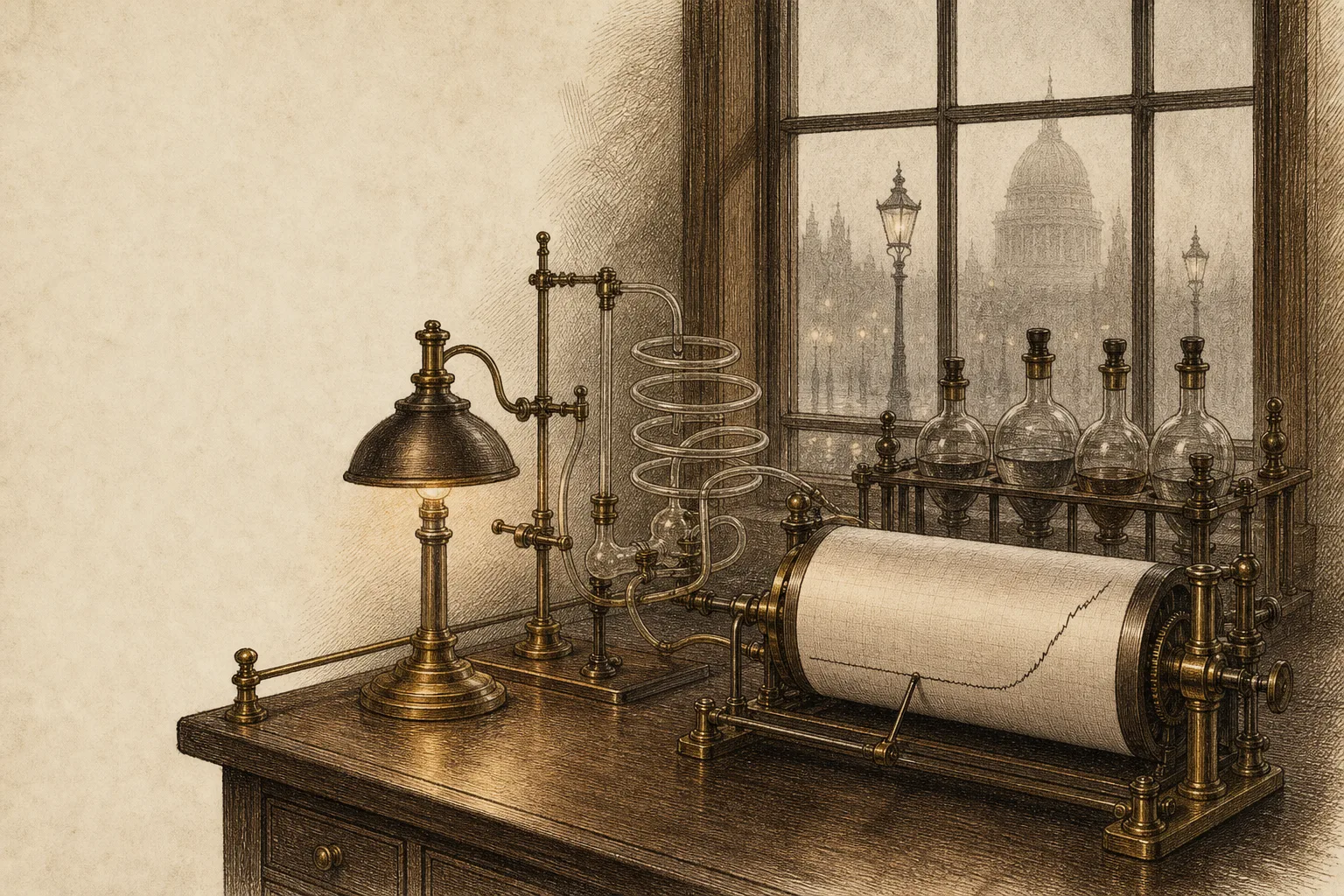 Edwardian engraving-style illustration of a brass-fitted laboratory bench with glass tubing and a kymograph drum tracing a rising line, with a window onto a foggy London street