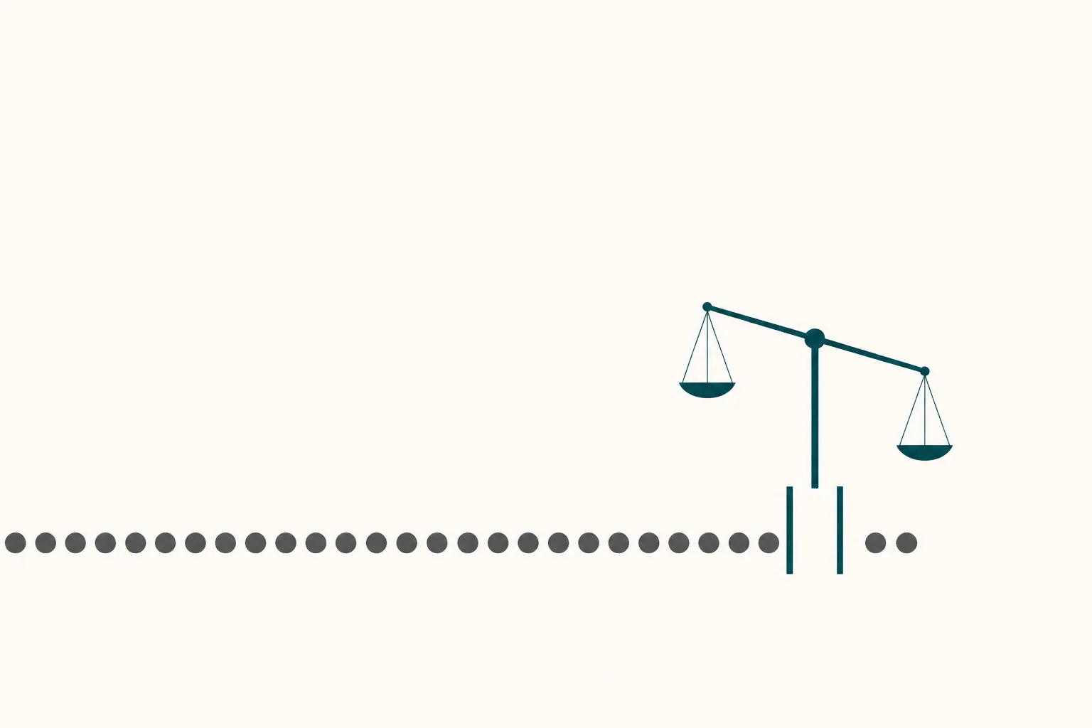 Editorial illustration of a long queue of small identical circles leading toward a narrow gate, with a simple balance beam suspended above the gate