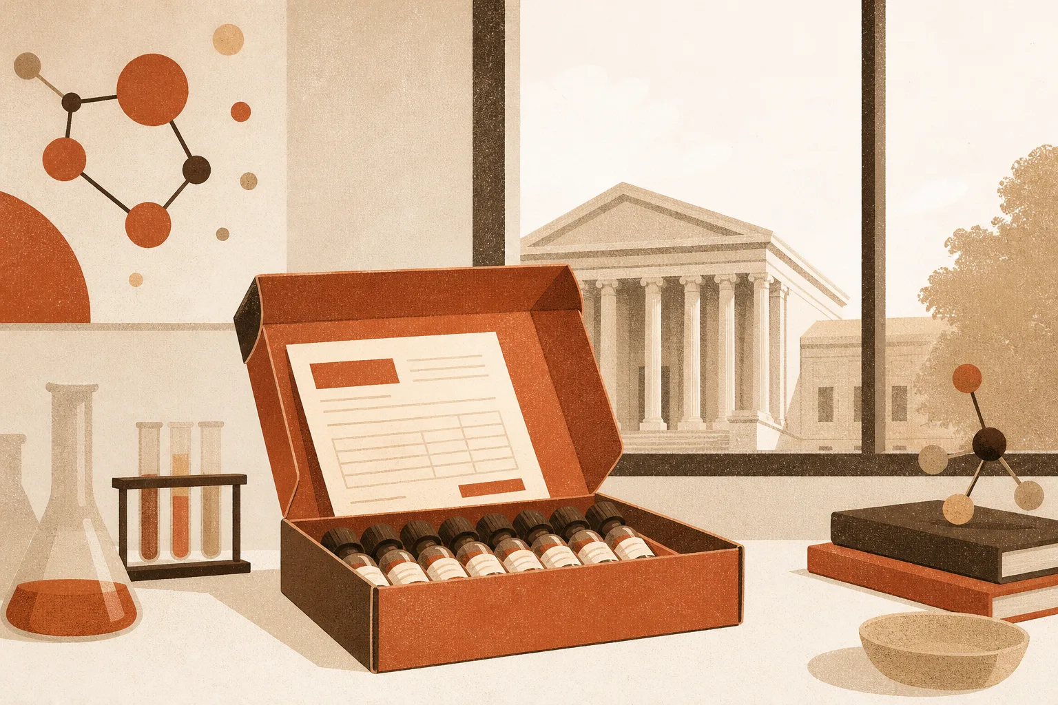 Editorial illustration of an open cardboard sample box of small medicine vials on a clinic desk, a printed invoice tucked under the lid, and a courthouse visible through the window