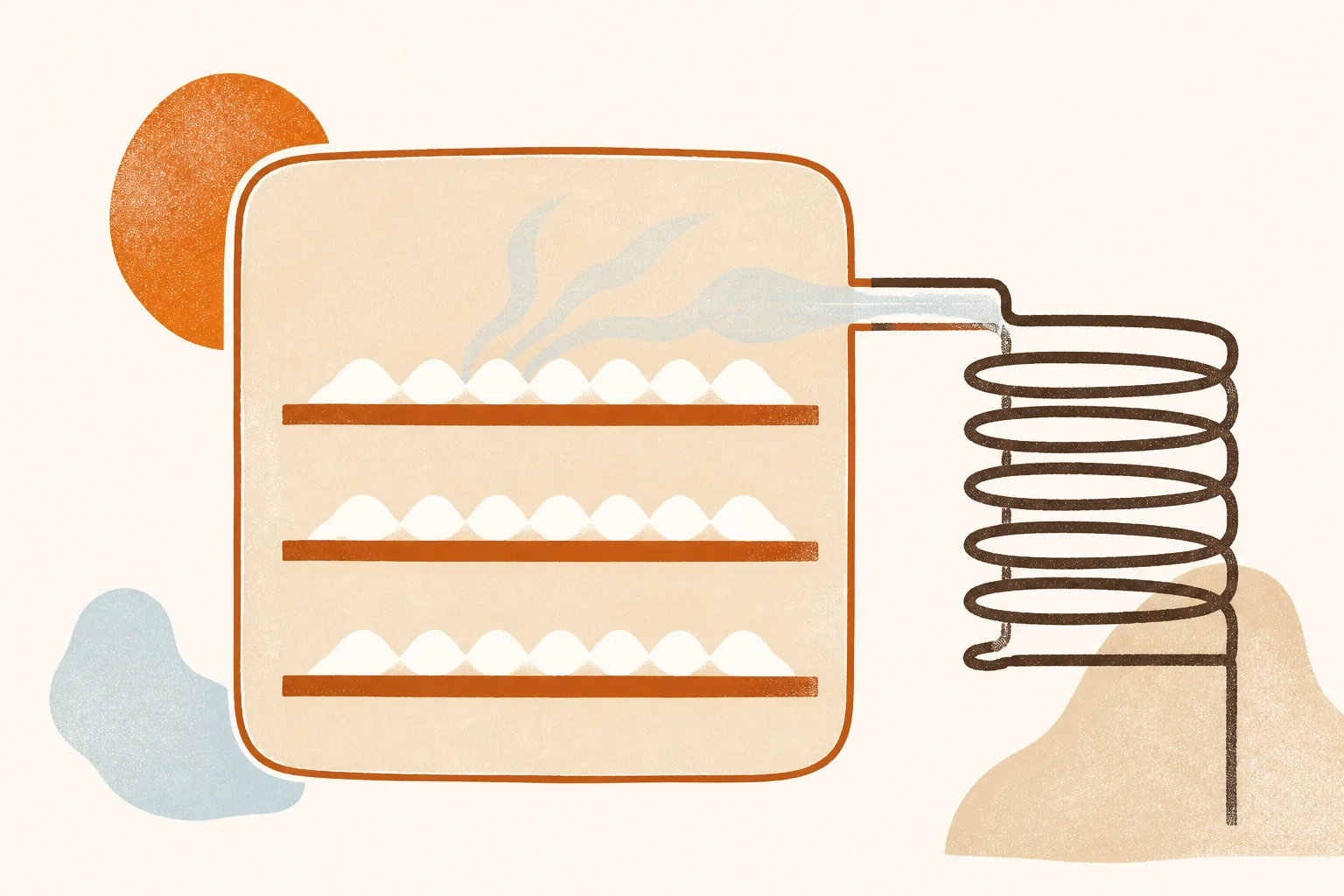 Abstract illustration of three stacked horizontal shelves inside a rounded chamber, each shelf carrying a row of small rounded mounds, with faint wisps rising from the top shelf towards a coiled form at the side