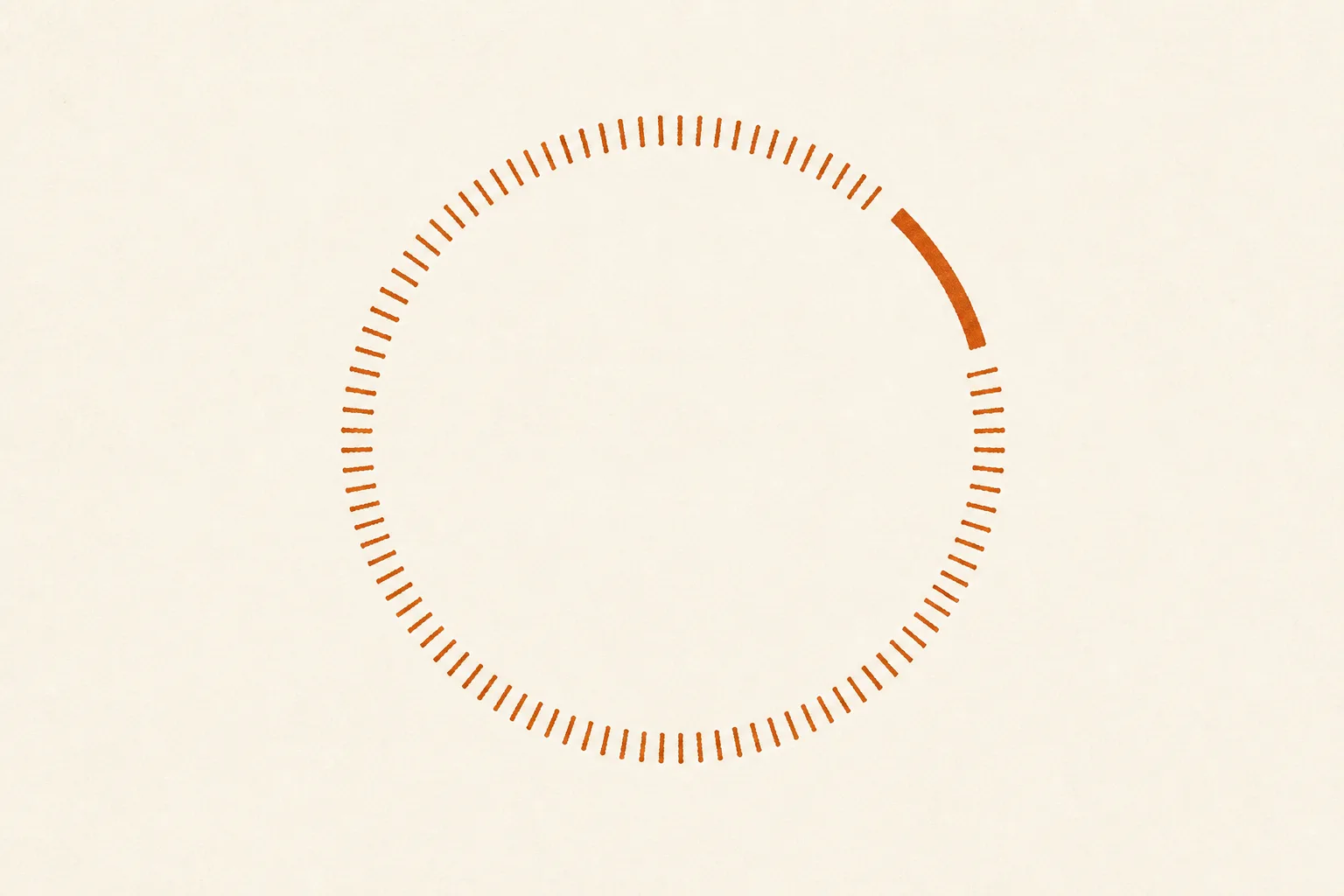 Editorial illustration of a circular genome drawn as a ring of confident hand-inked tick marks, with one short unlabelled segment picked out in a much heavier burnt-orange stroke