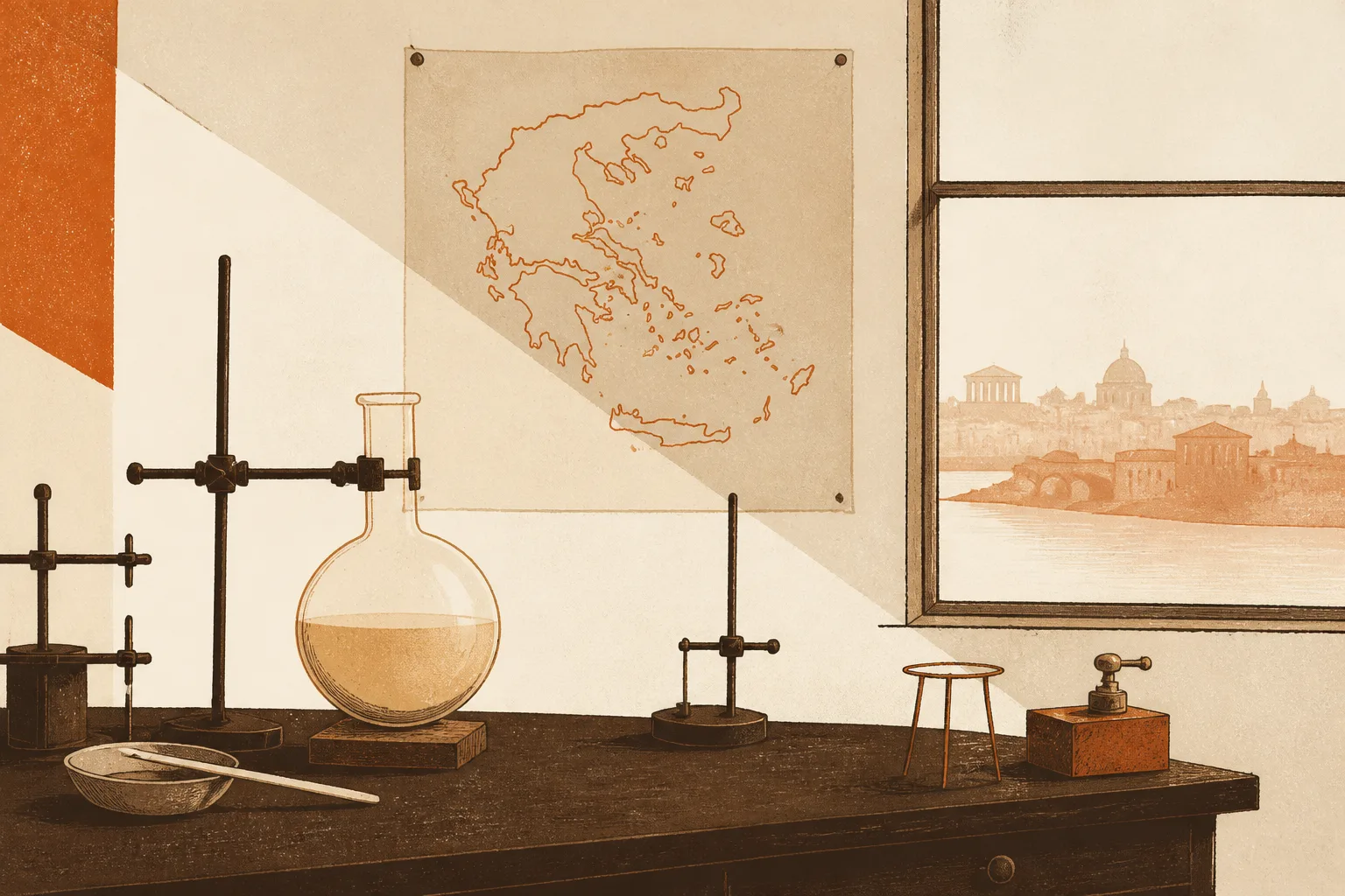 Editorial illustration of a 1930s chemistry bench with a round-bottom flask catching pale light, a map of Greece pinned above it and a faint Dresden skyline in the window