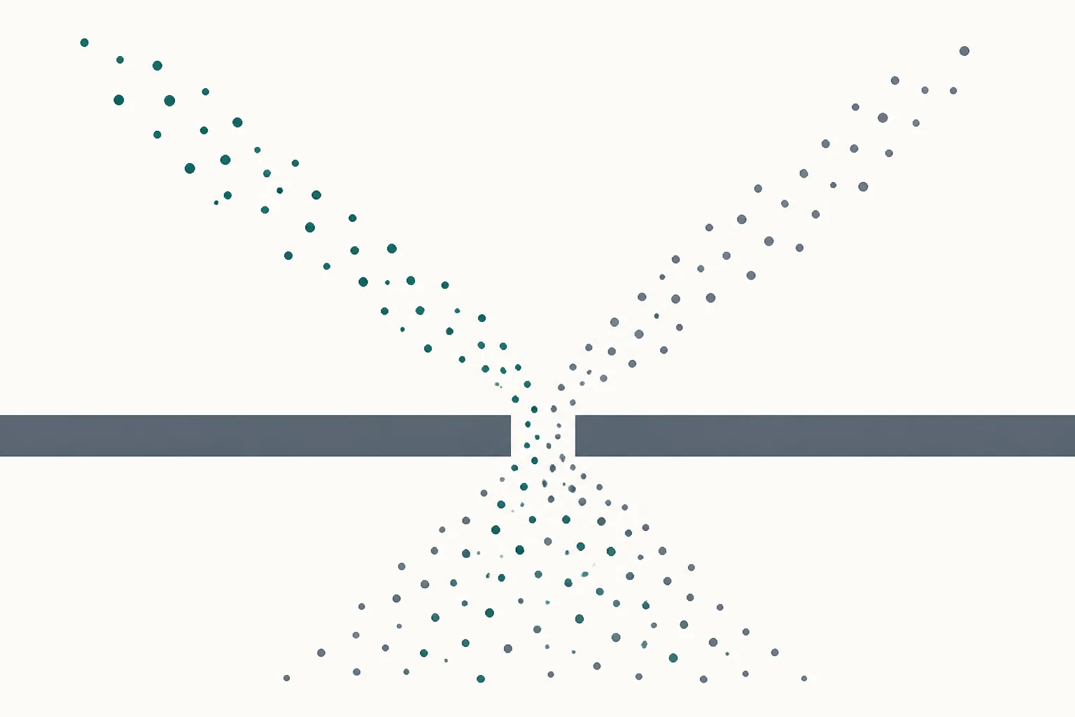 Editorial illustration of a long pale wall with a single narrow gap, through which two streams of small dots arriving from opposite directions merge into one