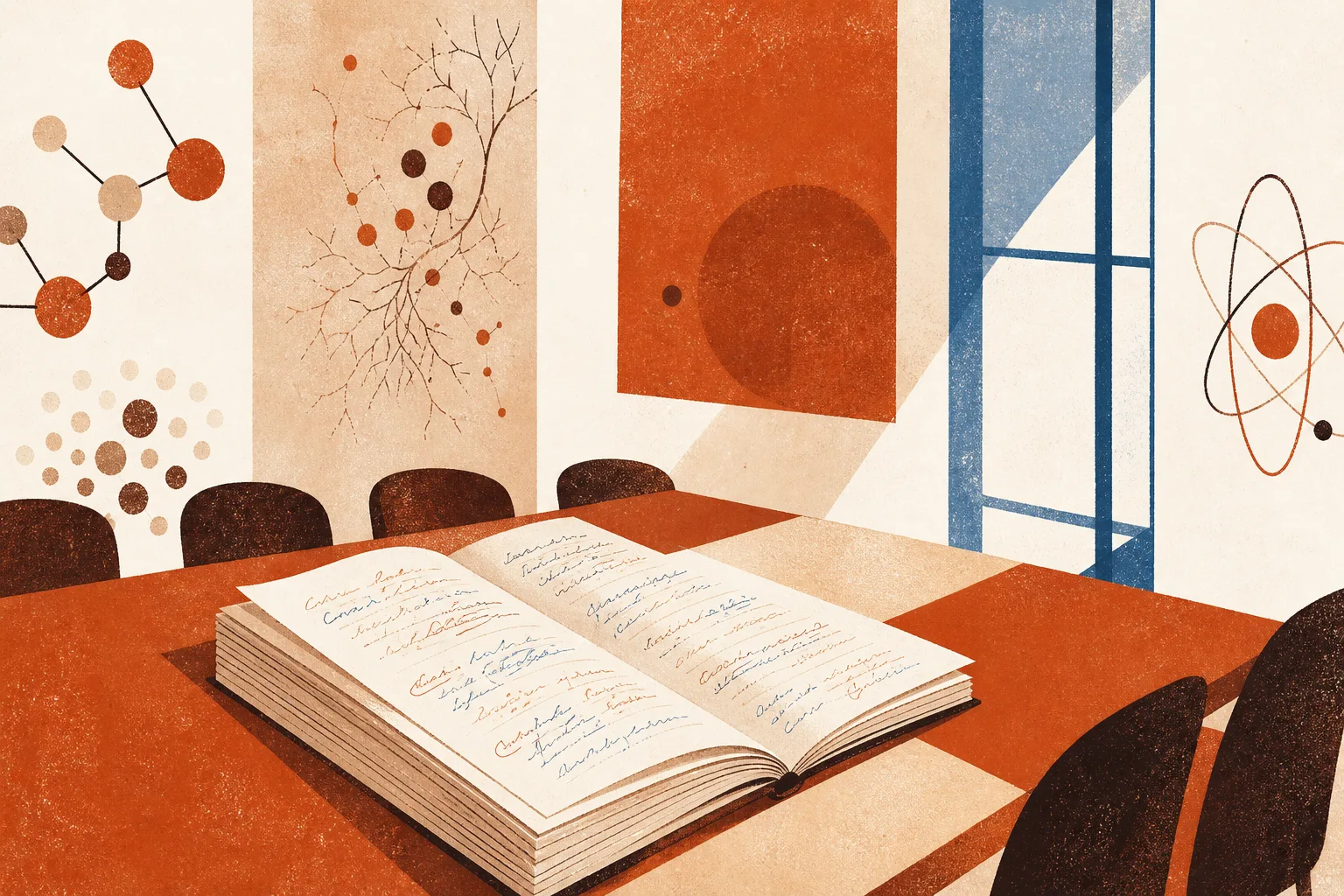 Editorial illustration of a thick printed document on a committee table with its pages fanned out to show marginal annotations in several different inks, lit by cool blue window light