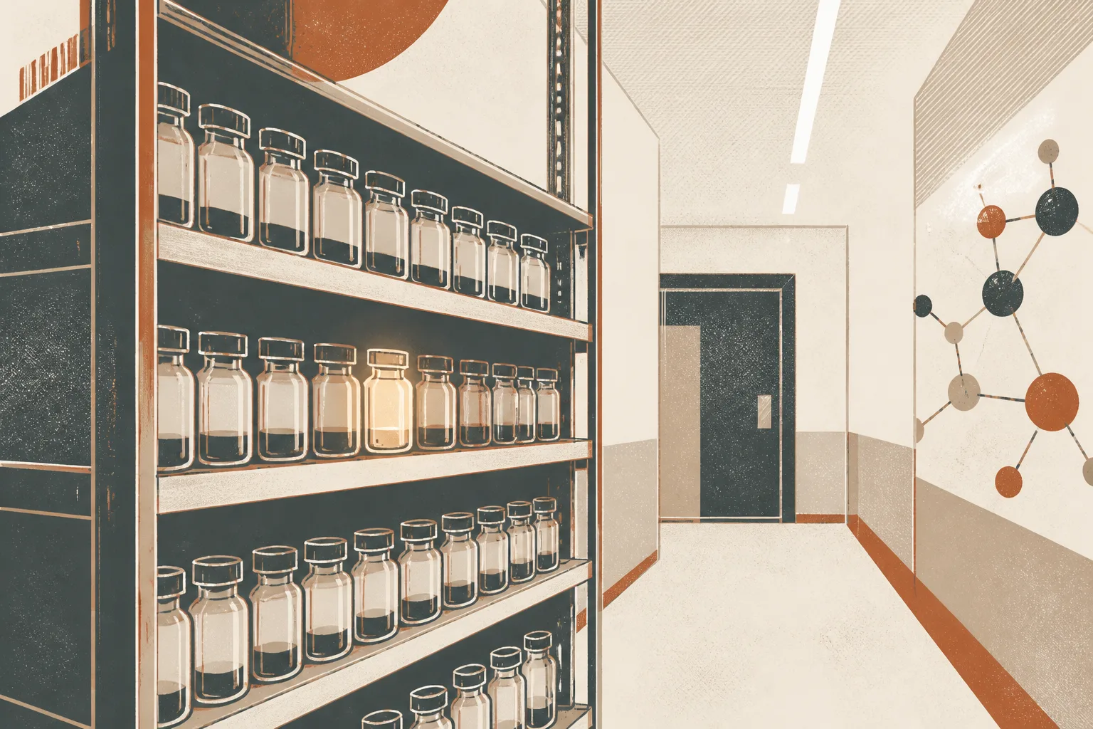 Editorial illustration of rows of small glass vials in a cold-room rack in a sombre palette, one vial lit from within, with an institutional corridor receding behind
