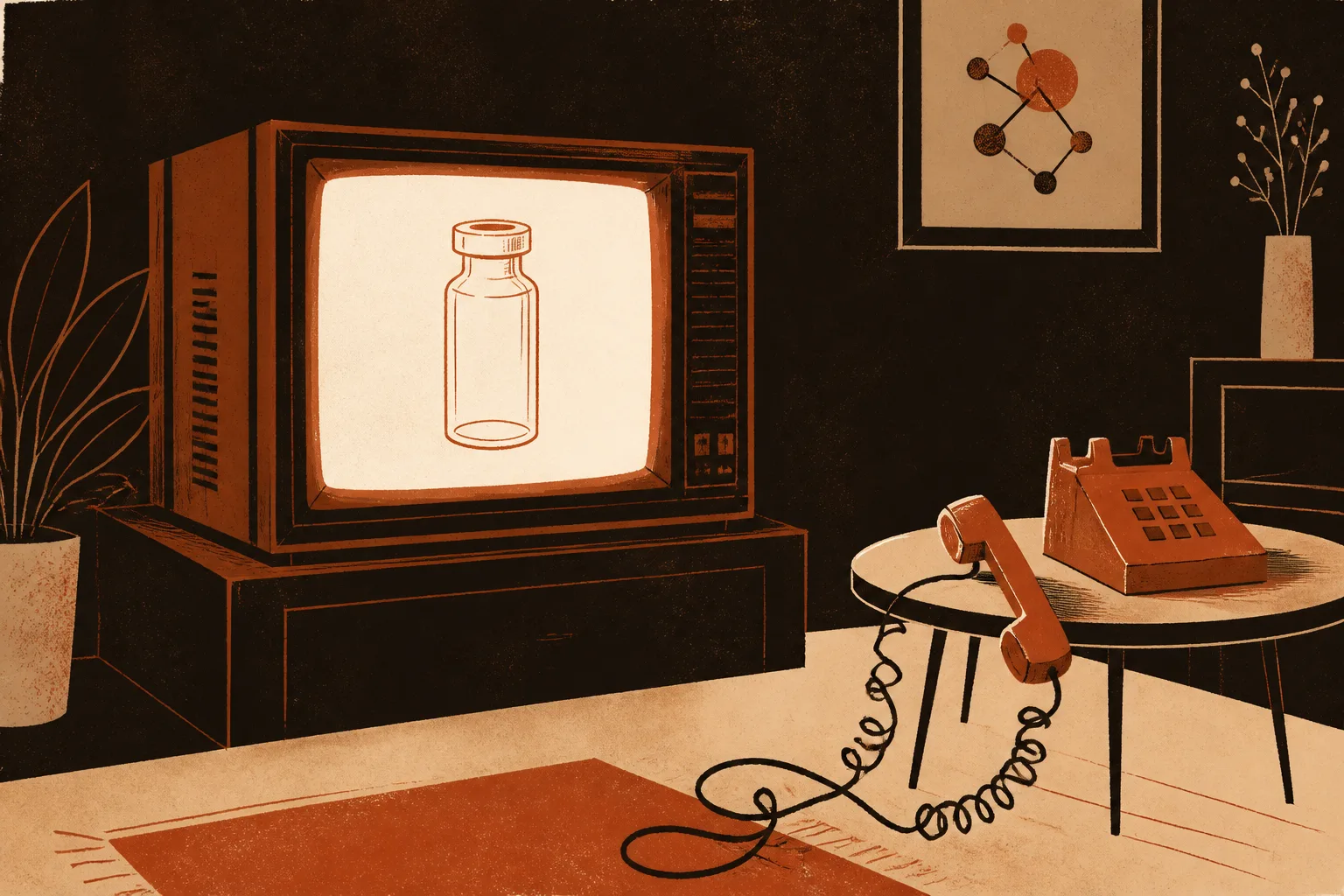 Editorial illustration of a 1990s television set glowing in a dark living room, its screen showing a single empty medicine vial, with a telephone off the hook beside it