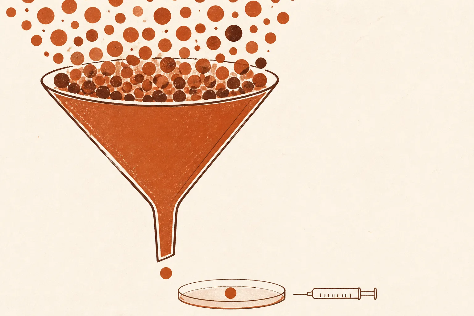 Illustration of a large funnel crowded with small circles pouring in at the top, its narrow spout releasing a single circle into a shallow dish, with a small syringe drawn in outline beside it