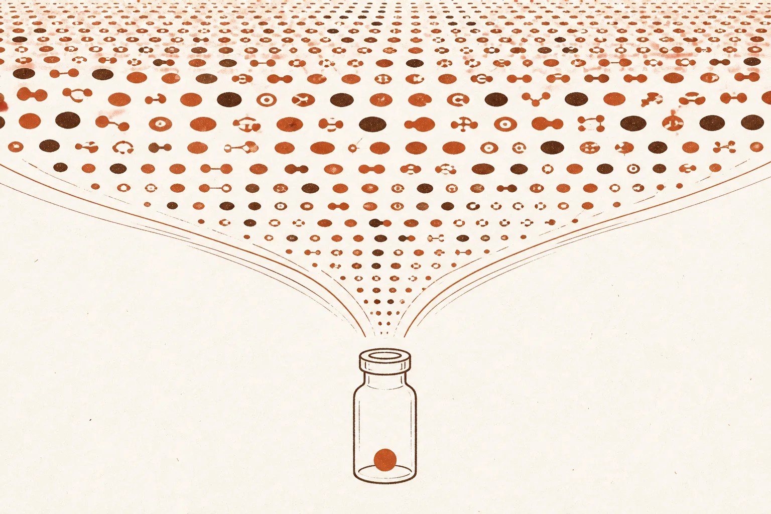 Illustration of a vast grid of small identical rounded shapes filling most of the frame and funnelling down through a narrow neck into a single small glass vial holding one dot of colour