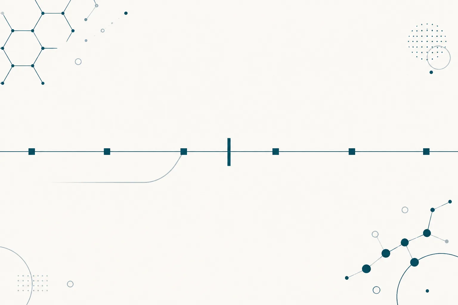 Abstract illustration of a long horizontal line of linked stations running across the frame, interrupted near the middle by a short vertical barrier, with a second, fainter line beginning to branch around it