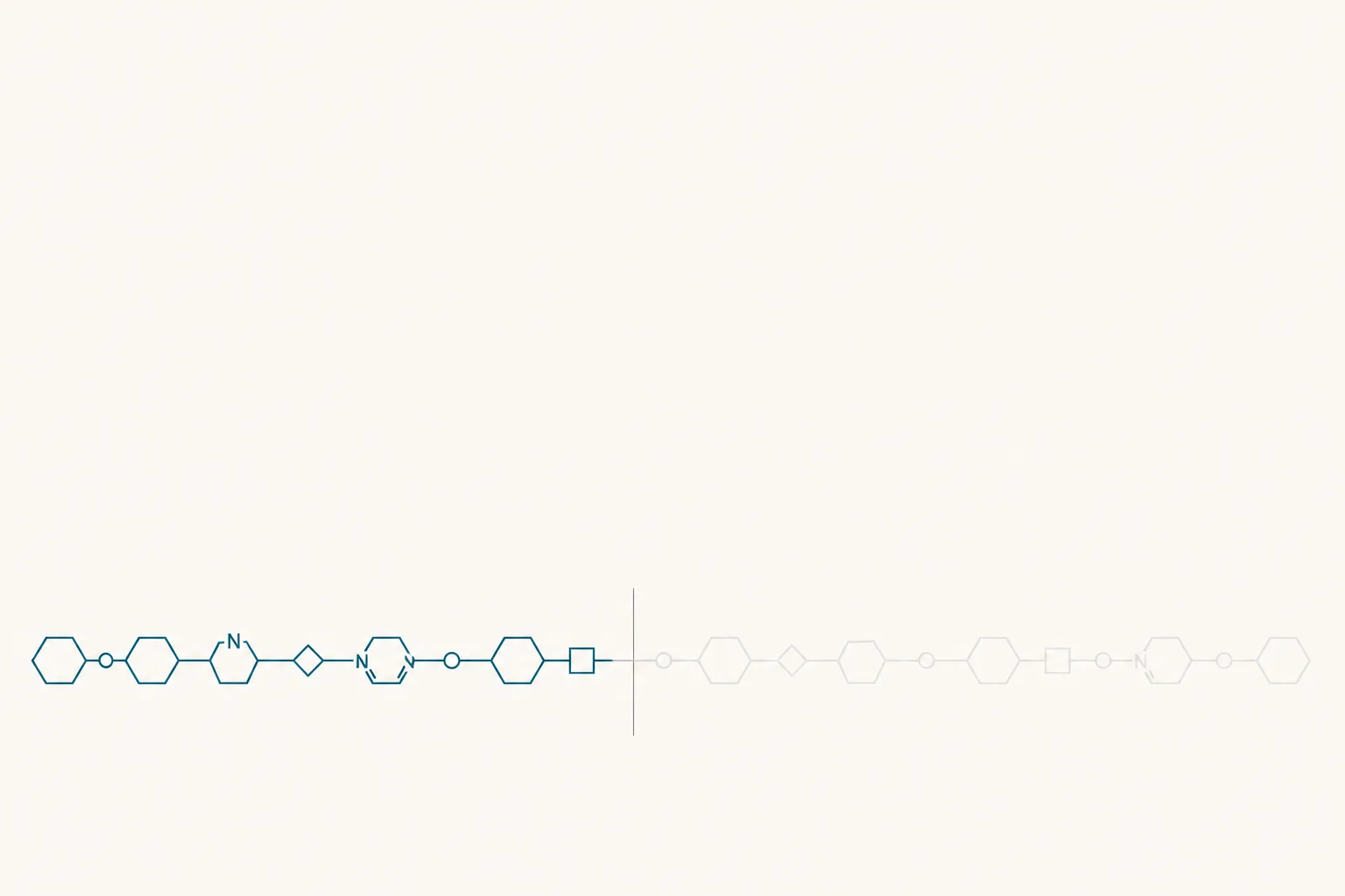 Abstract illustration of a long horizontal chain of small linked forms, the first third drawn in strong dark teal and the remaining two thirds fading progressively into pale grey