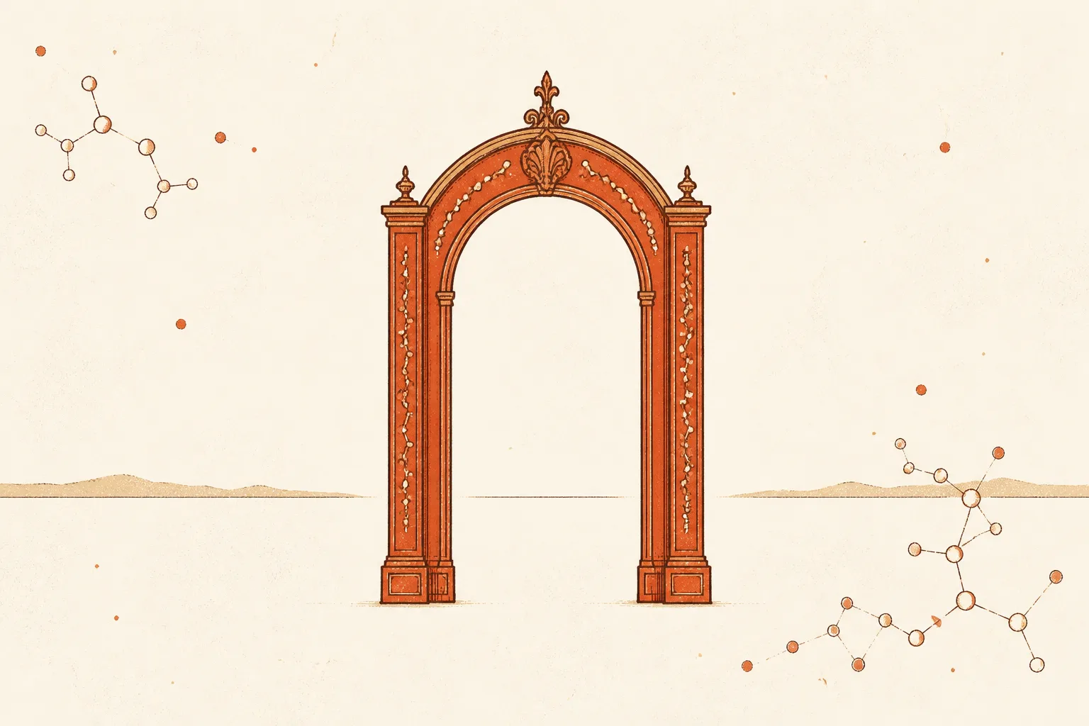 Editorial illustration of an elegant tall arched doorway drawn in burnt orange, standing alone on an empty ground with nothing but blank paper visible through it