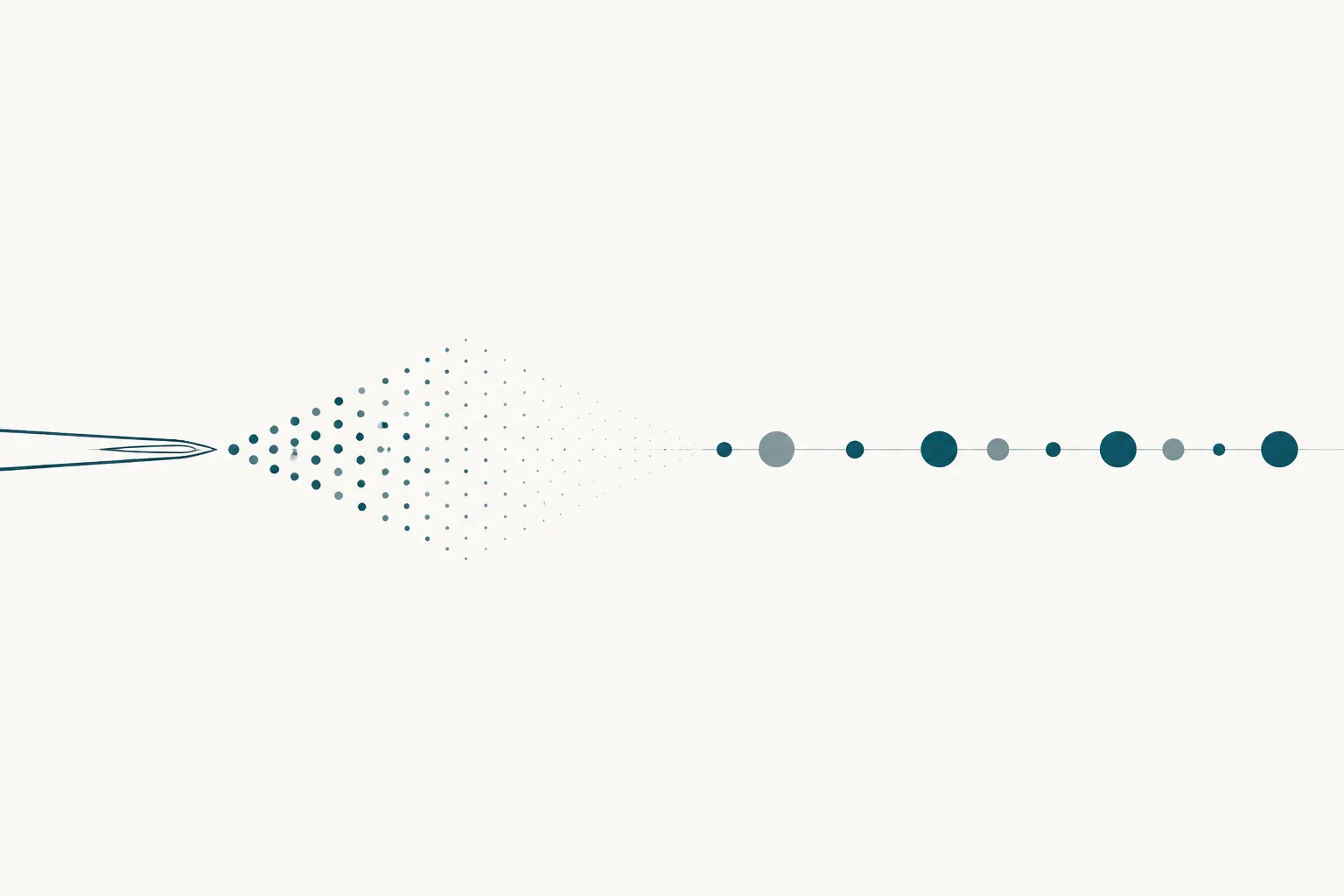 Abstract illustration of a fine needle tip releasing a cone of shrinking droplets that resolve into a row of discrete points of increasing spacing, drawn in deep teal and slate on an off-white ground
