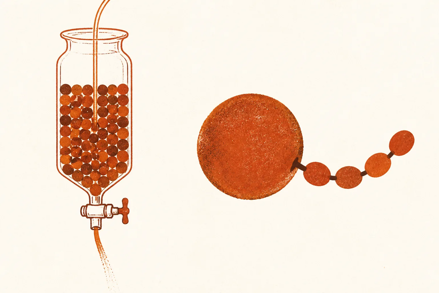 Illustration of a tall glass reaction vessel packed with small round beads, its tap open and draining a thin stream, beside a single enlarged bead with a short chain of linked units growing outward from its surface