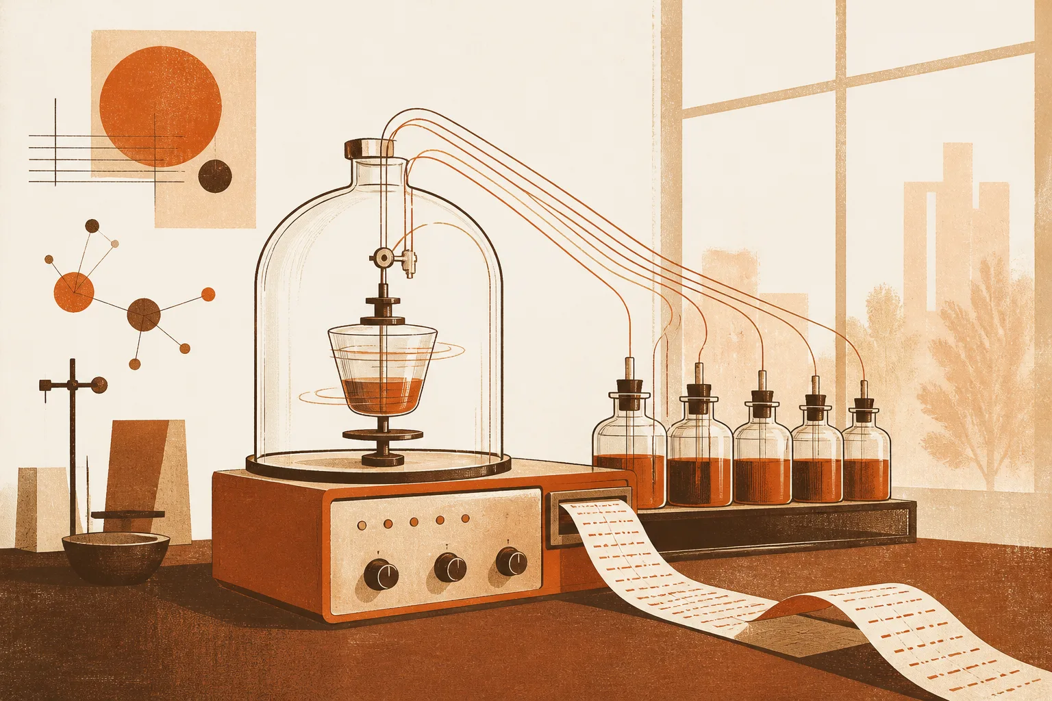 Editorial illustration of a 1960s laboratory instrument with a spinning glass cup under a bell jar, a paper tape spooling out beside it, and a hospital window behind