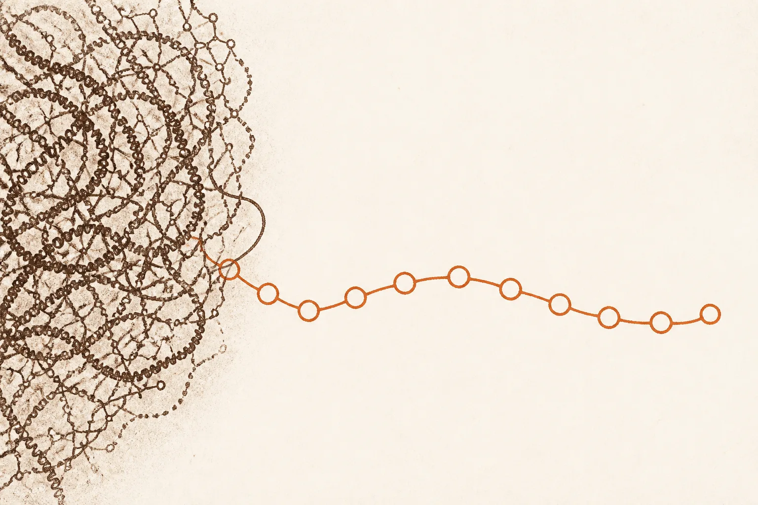 Editorial illustration of a broad, shaded, many-stranded tangle from which a single short chain of beads has been drawn out and set apart in clear light