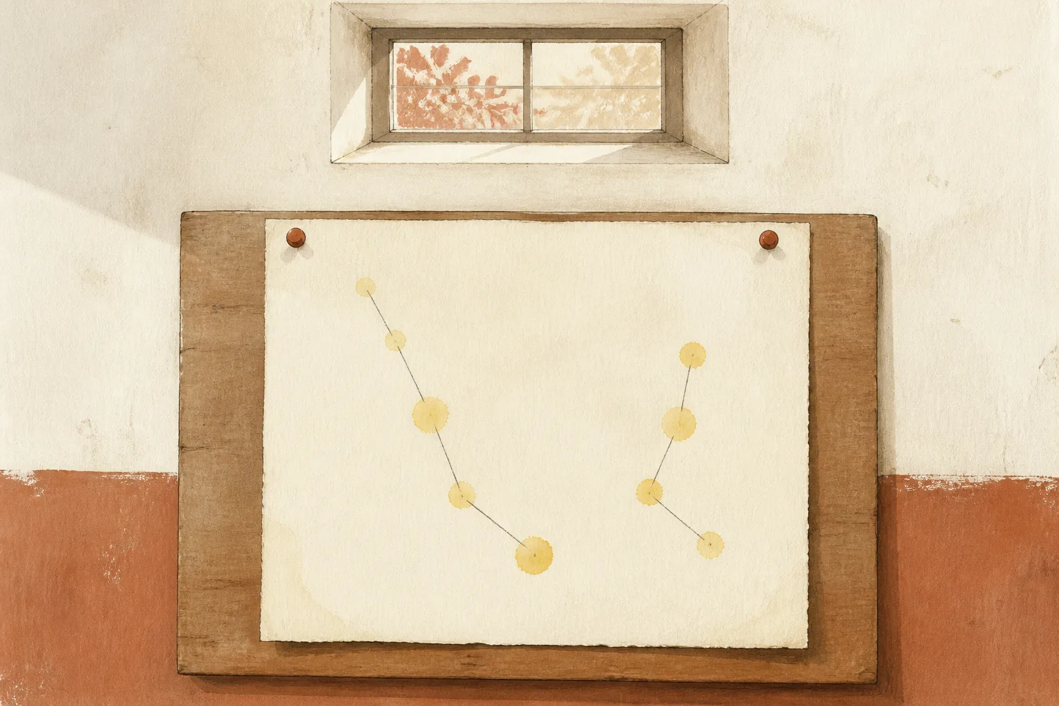 Editorial illustration of a large sheet of paper chromatography pinned to a board, with scattered yellow spots joined by pencil lines into two chains