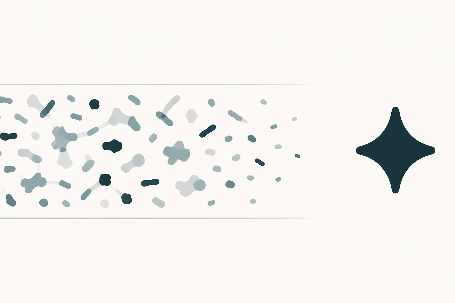 Abstract illustration of a scattered field of small irregular shapes in random orientations resolving into a single symmetrical solid form, set within a thin suspended film, in deep teal and slate on off-white