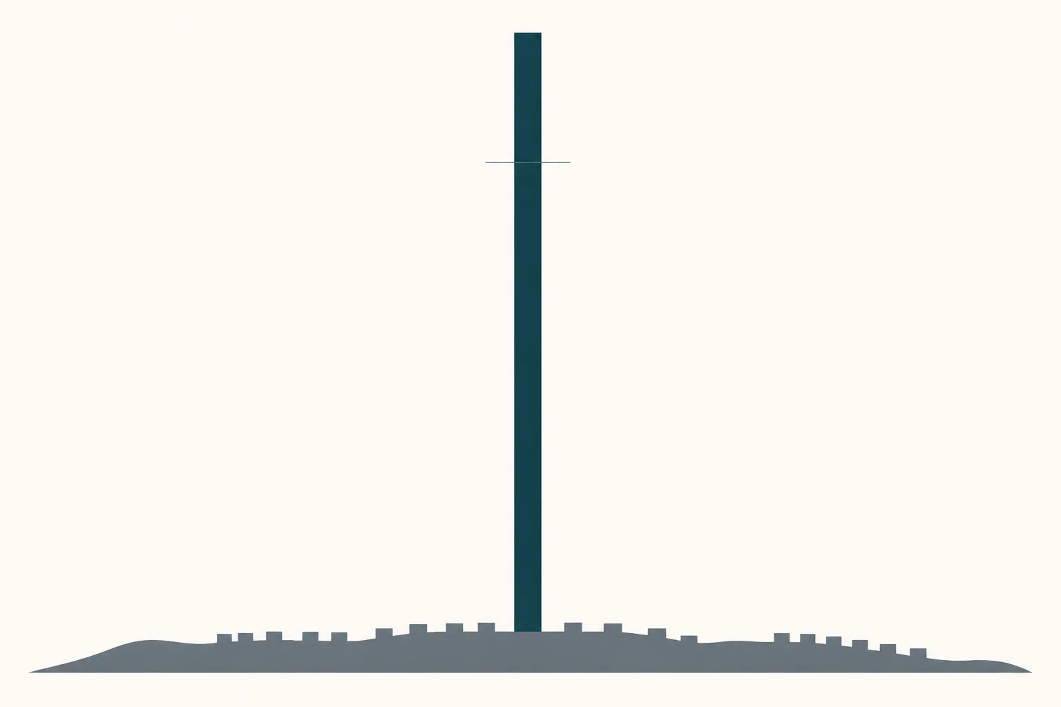 Editorial illustration of a small low landmass beside a single tall column that rises out of it and dwarfs everything around it, on a pale ground