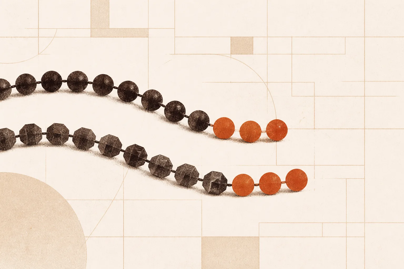 Editorial illustration of two different short bead chains lying side by side, each ending in the same identical three-bead tail
