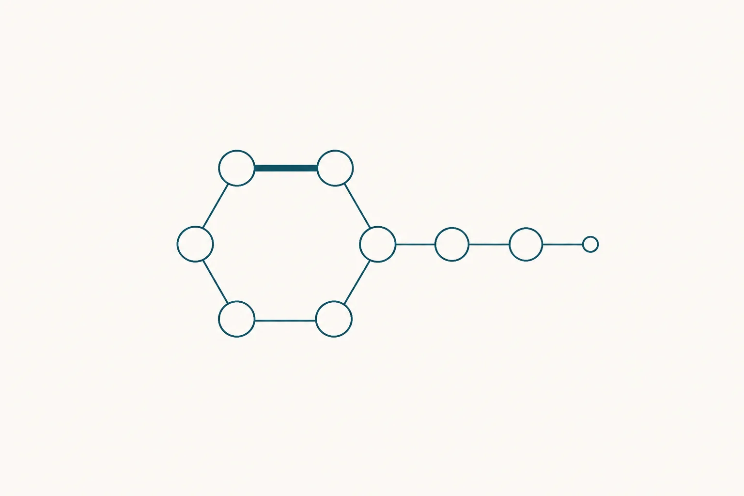 Abstract illustration of a chain of nine linked shapes, six of them curved into a closed ring by a single bridging line drawn between two of the links, with the remaining three trailing away as a short tail