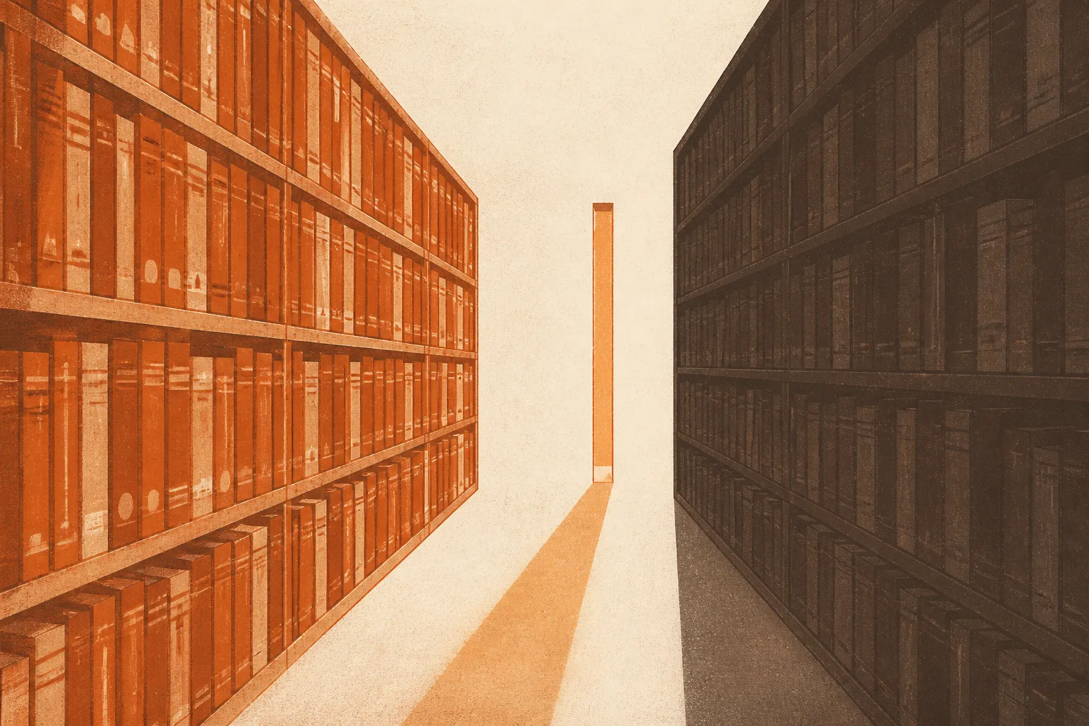 Editorial illustration of two facing walls of shelved journal volumes, one lit in warm burnt orange and one in deep shadow, with a single narrow doorway between them letting through a thin shaft of light