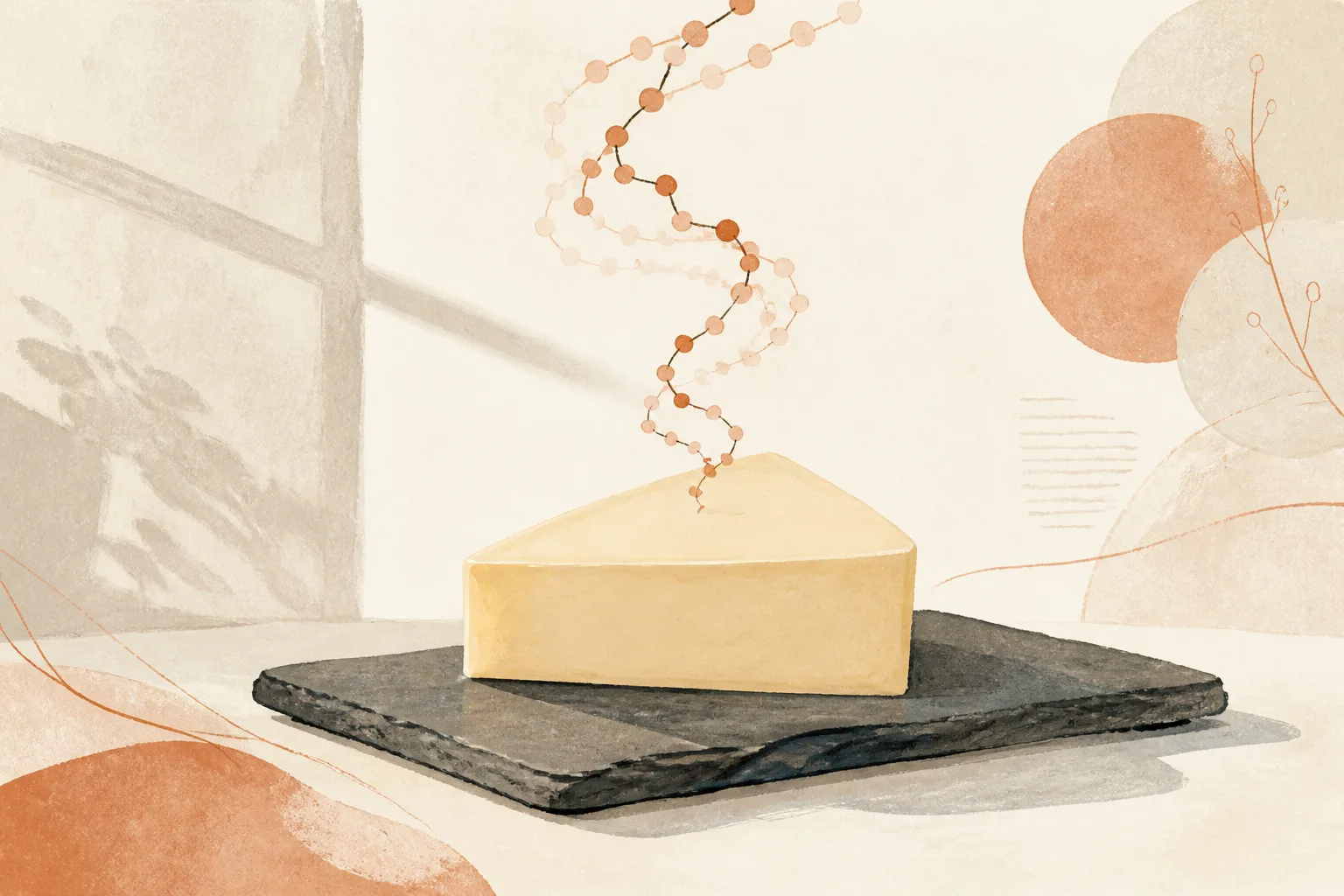 Editorial illustration of a wedge of pale processed cheese on a slate board with a faint ribbon of amino-acid beads curling out of it like steam