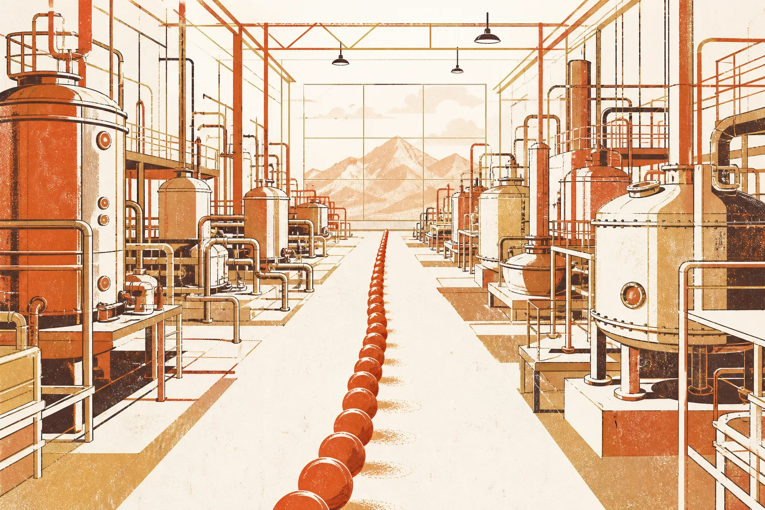 Editorial illustration of a vast industrial hall of stainless-steel reactors and pipework reduced to a single long chain of beads running the length of the building, with Rocky Mountain foothills through high windows