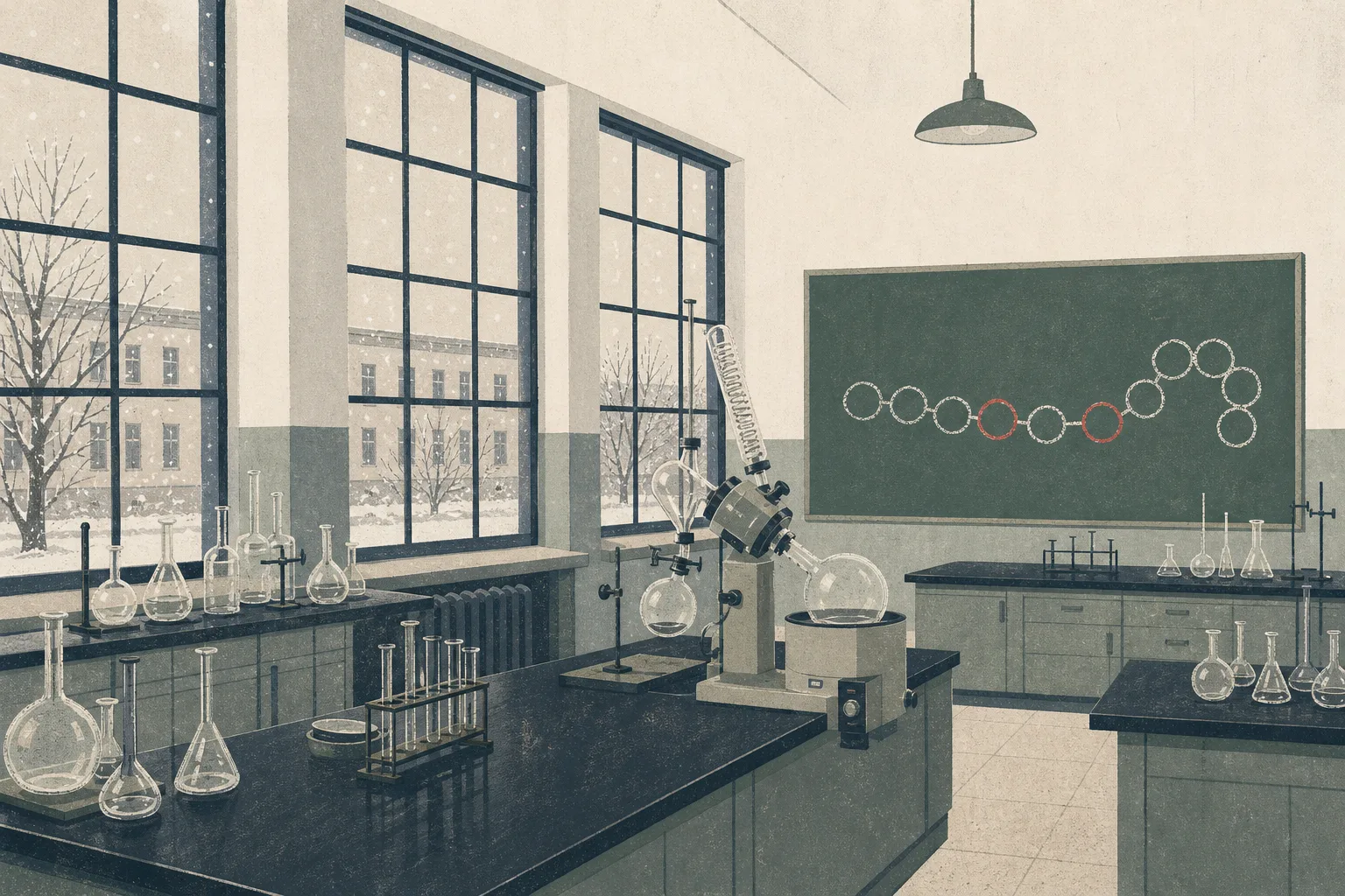 Editorial illustration of a 1960s Central European laboratory with tall windows and a blackboard chalked with a nine-bead chain in which two beads are circled, snow falling outside