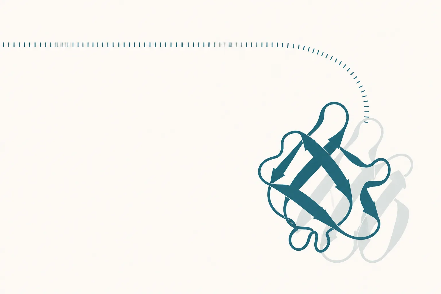 Abstract illustration of a long horizontal row of evenly spaced small marks that resolves into a compact folded ribbon shape, with a second ghosted ribbon offset slightly behind it, in deep teal and slate on off-white