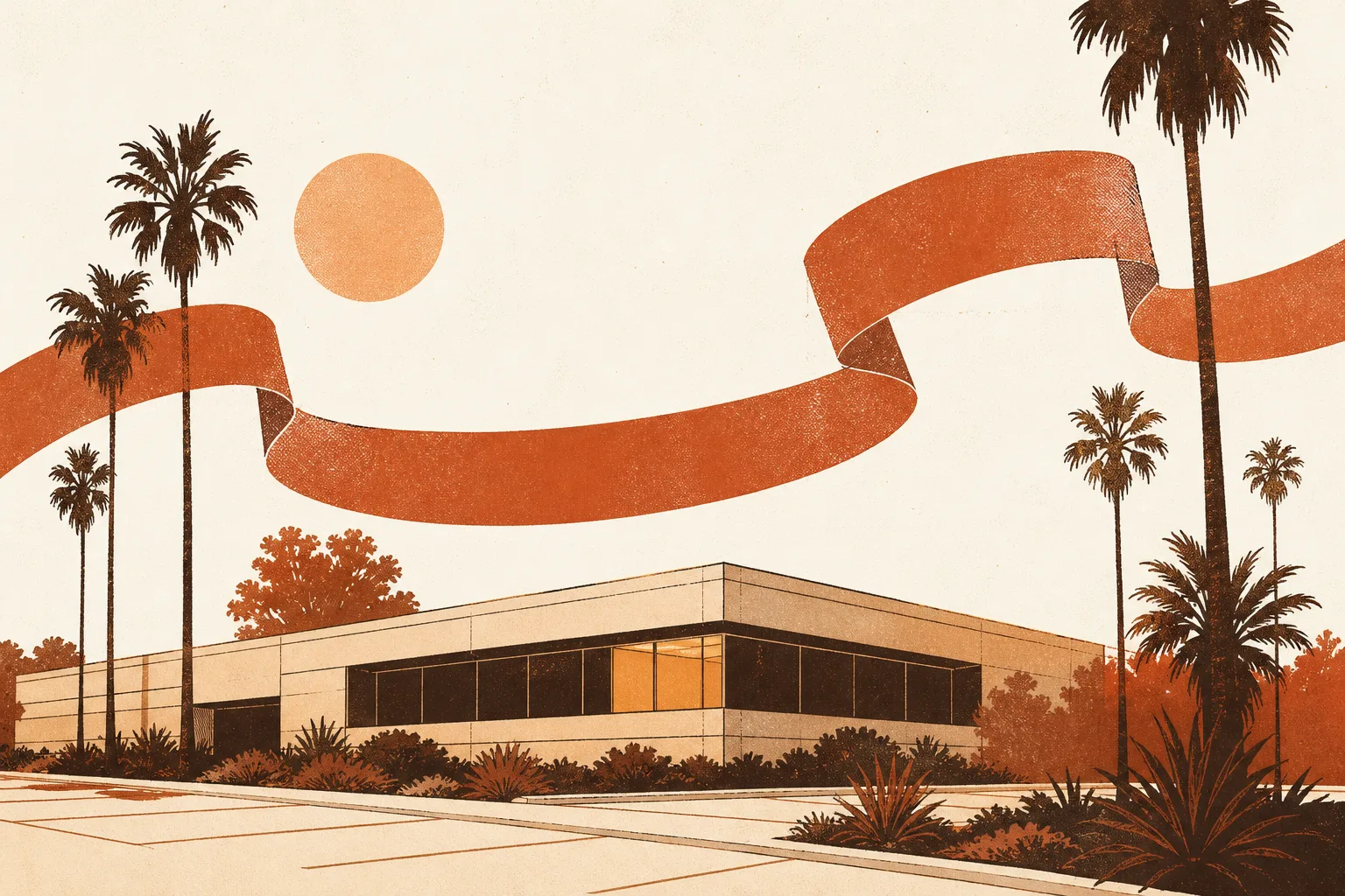 Editorial illustration of a low Californian office-park building at dusk with one lit window, a stock-ticker ribbon curling across the sky above it, and palm silhouettes